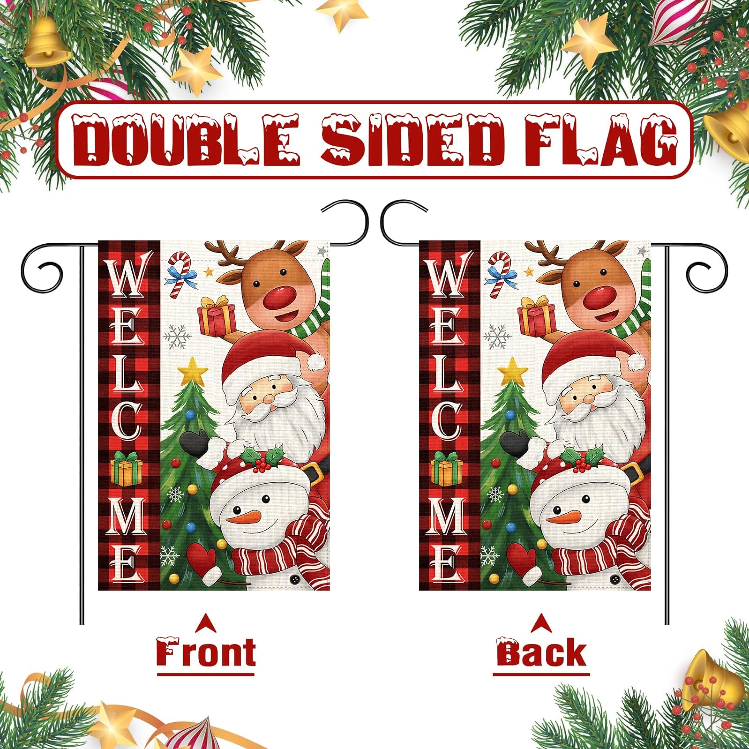 Welcome Christmas Garden Flag Santa Claus, snowman, reindeer12x18 Double Sided Vertical Outdoor Flag for Outside Xmas Farmhouse Flag Winter Holiday Yard Lawn Garden Banner (Welcome Christmas) - Image 3