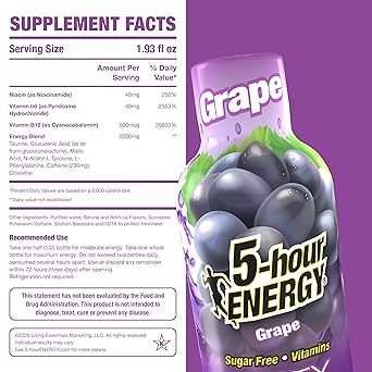 5-hour ENERGY GRAPE Flavor, 30 Count, 1.93 Fl Oz Energy Shot, Extra Strength, Amino Acids, B Vitamins, Sugar Free and Zero Calories