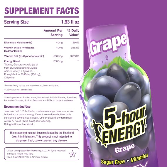 5-hour ENERGY GRAPE Flavor, 30 Count, 1.93 Fl Oz Energy Shot, Extra Strength, Amino Acids, B Vitamins, Sugar Free and Zero Calories