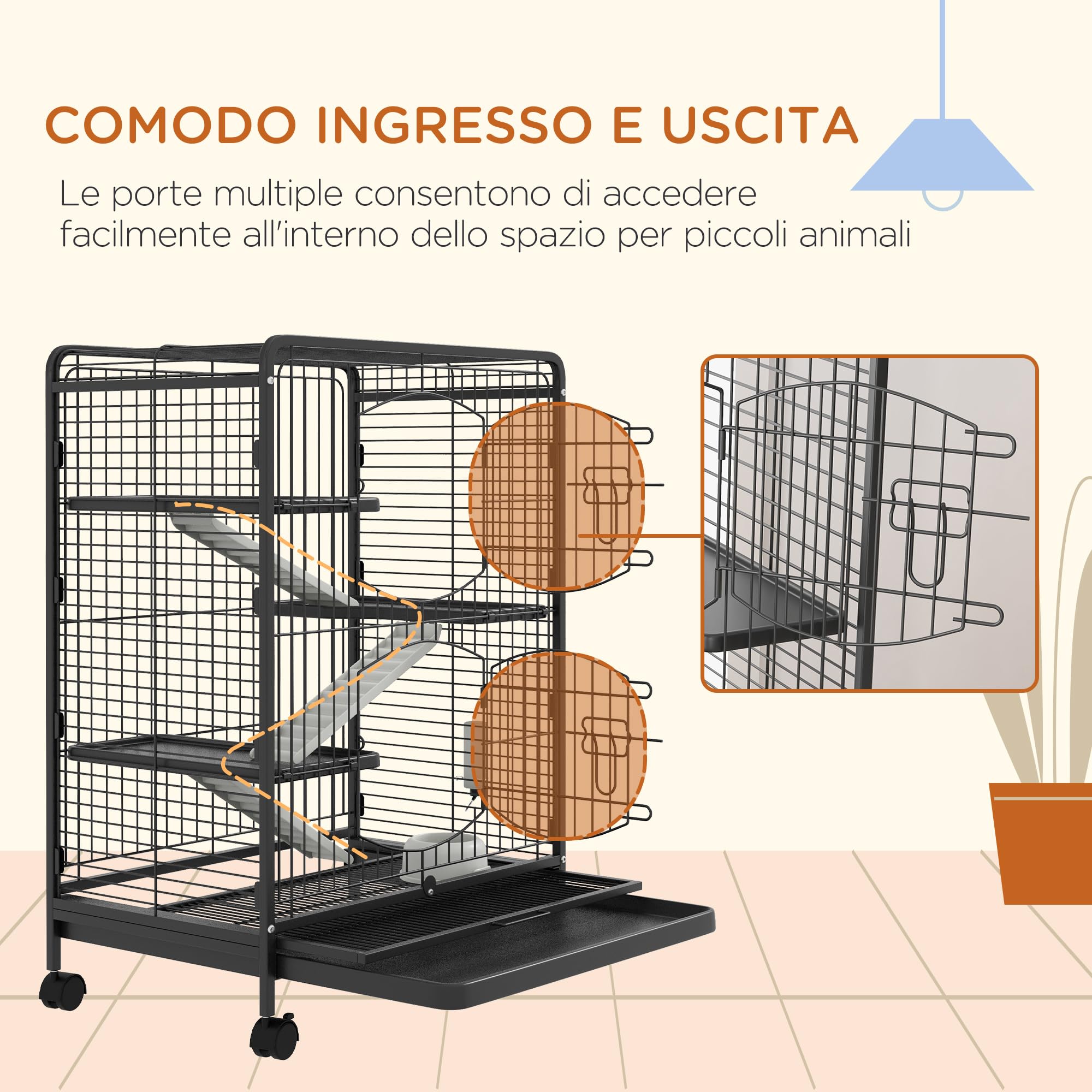 PawHut Gabbia per Piccoli Animali e Piccoli Roditori con Ruote, Gabbietta per Conigli e Cincillà con 3 Rampe e 3 Piattaforme, Ciotola e Bottiglia, 61.5x44x95 cm, Nero