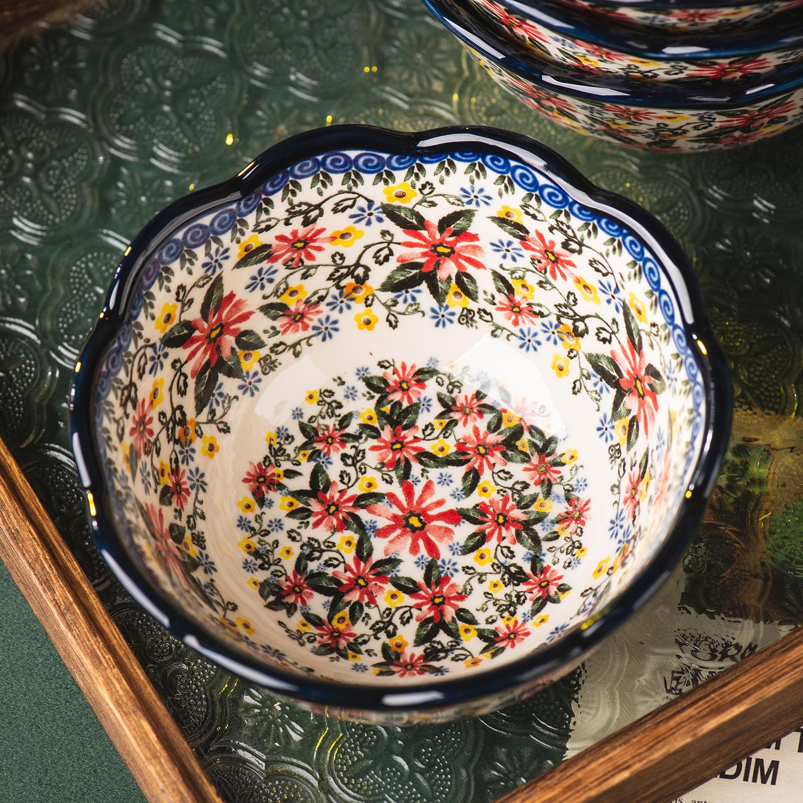 Müslischüssel-Set aus Porzellan, 12,7 cm, 4 Stück, für Dessert, Eis, Suppe, Reis, Obst, kleine Portionen, mikrowellen- und spülmaschinenfest, 380 ml, Vintageblau, exotisches Gänseblümchen