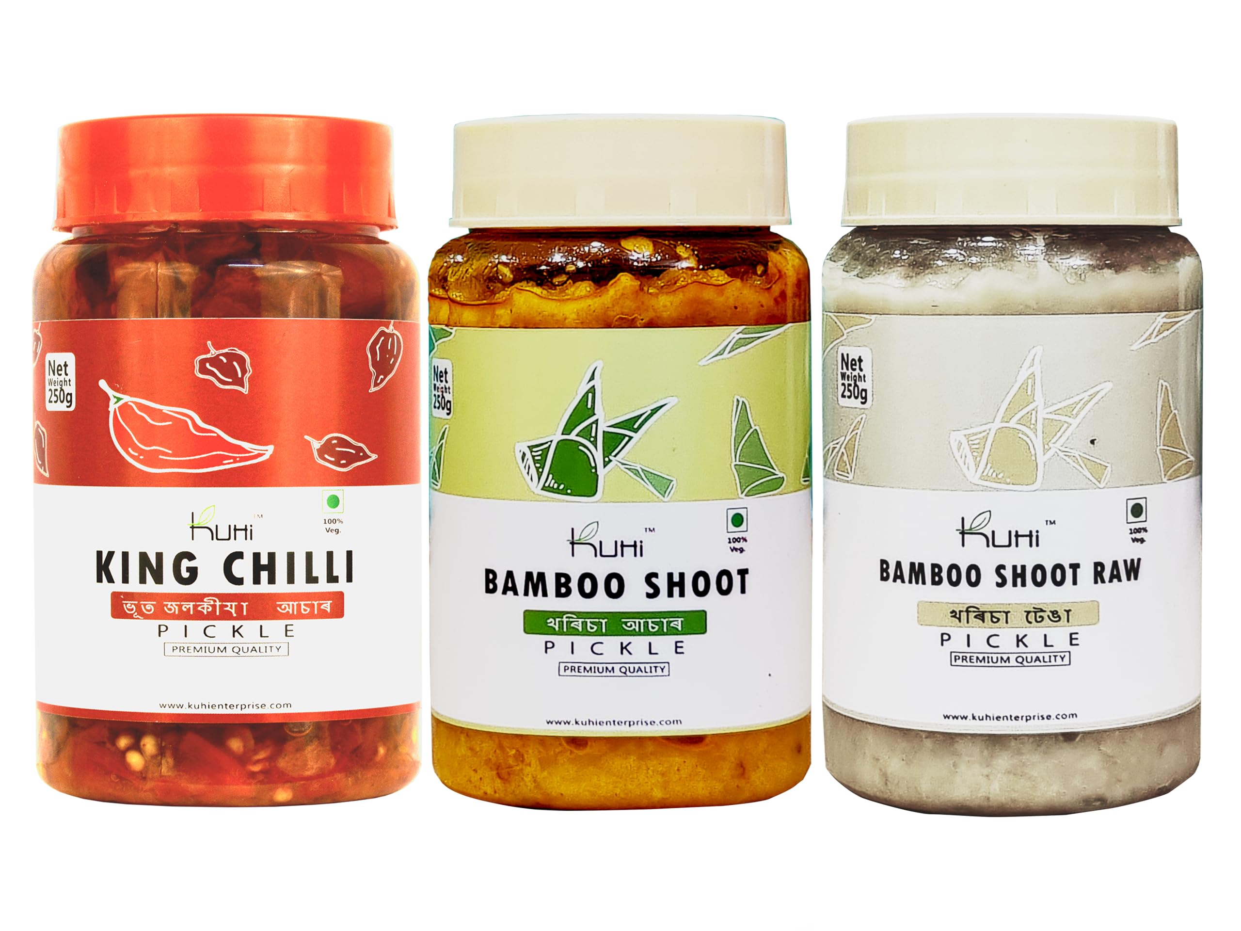 Kuhi Pickle Combo 250 gm (Pack of 3) | King King Chilli Pickle | Naga Morich | Bhut Jolokia | Ghost Pepper Pickle, Bamboo Shoot & Bamboo Shoot Raw Pickles