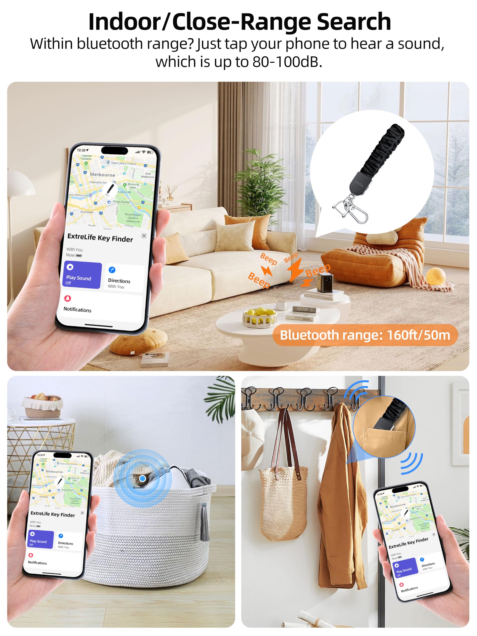 Portachiavi da polso, funziona con Apple Find My, elastico elastico per donne e uomini, portachiavi per auto con localizzatore GPS, cercatore di chiavi intelligenti, ricaricabile, nero e argento