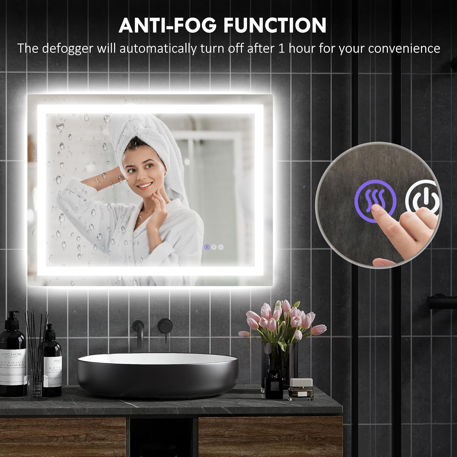 Image of a woman in a steamy bathroom with the anti-fog function active on the mirror