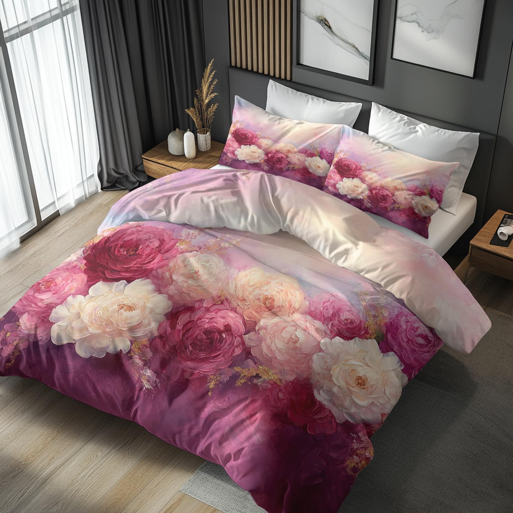 Housse de couette 200x200 fleurs pour lit double avec taie d'oreiller zippée