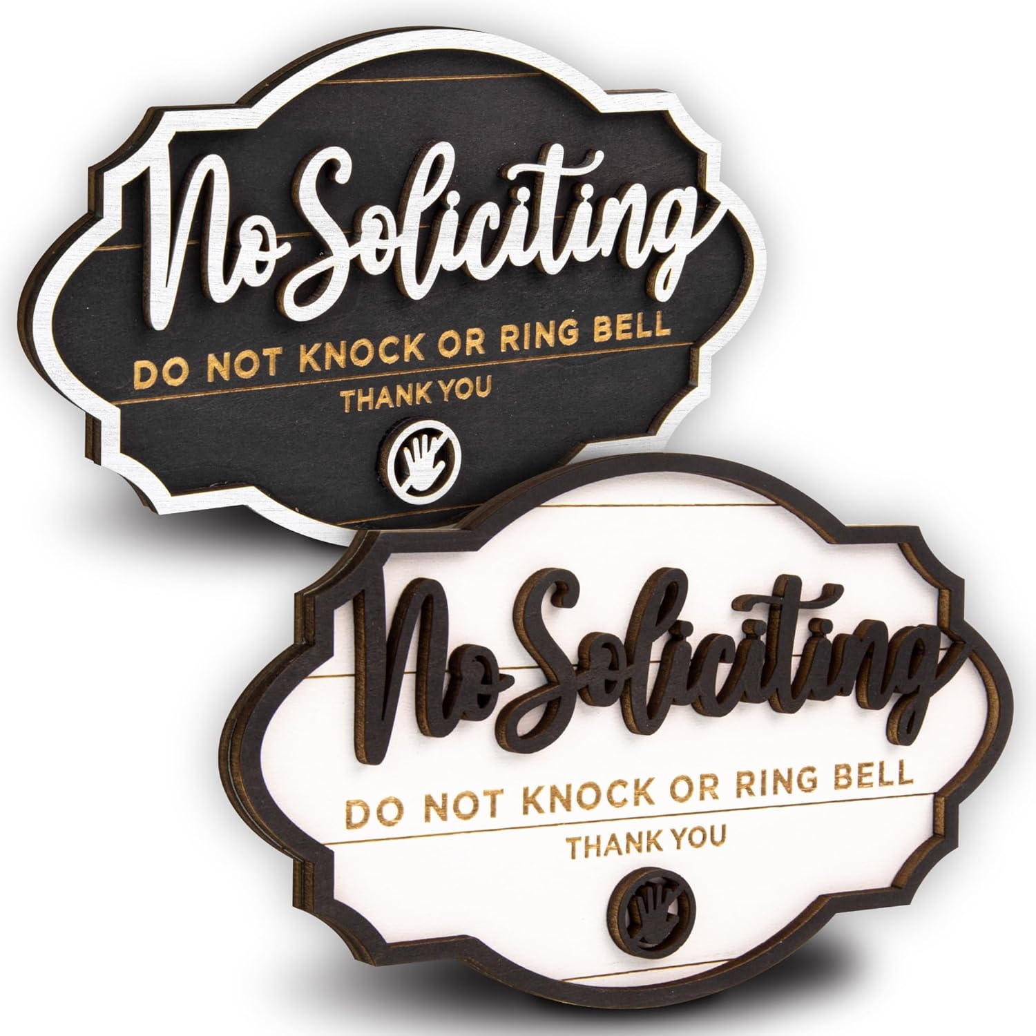 Funny No Soliciting Sign For House Door - 2 Pack Small No Soliciting Sign For Front Door Hanging, Wooden No Solicitors Signs For Office Home Decor, Please Do Not Knock Or Ring Doorbell Signs Black & White 3.5" x 5.5"