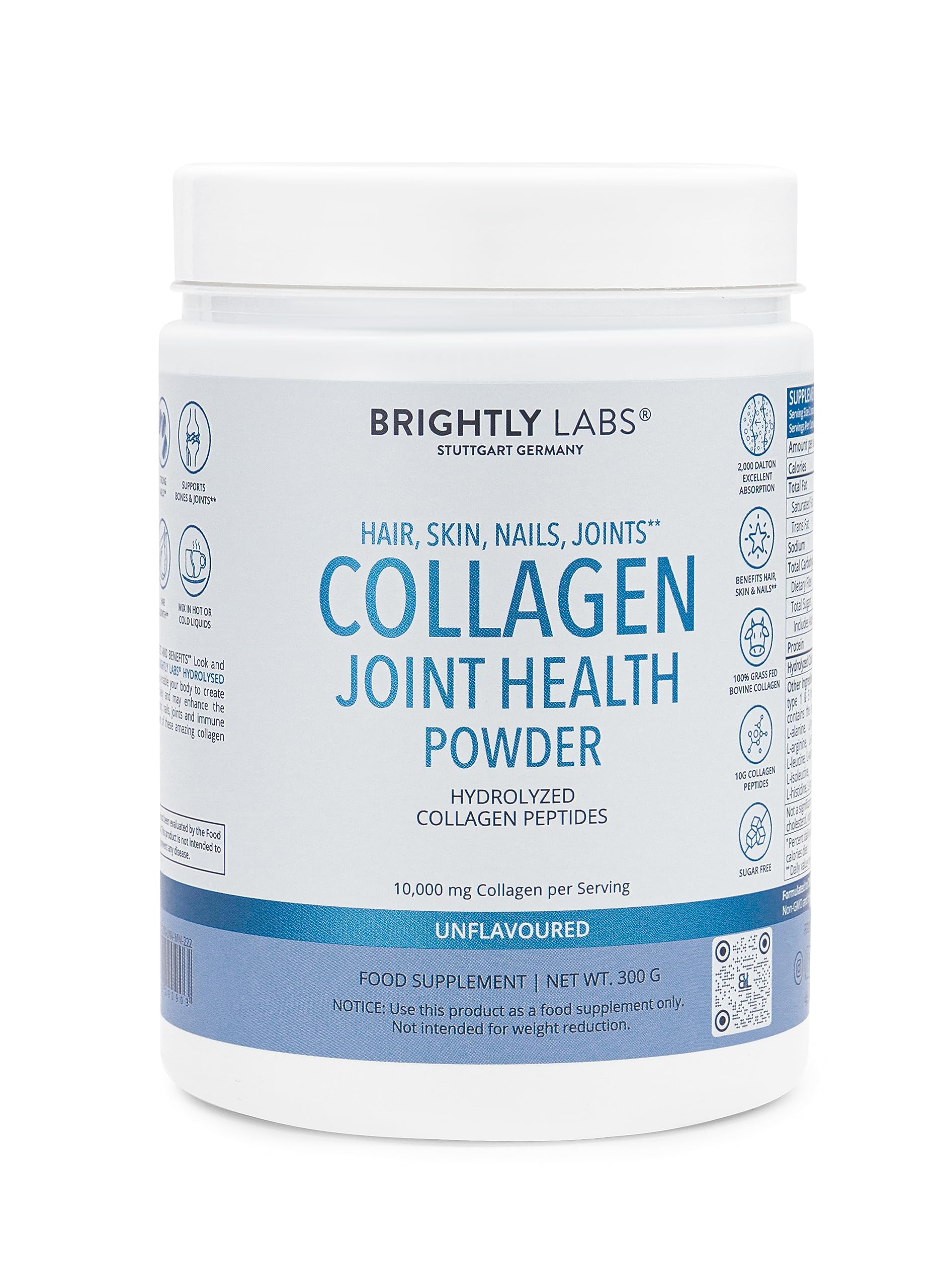 Brightly Labs Unflavored Collagen Joint Health Powder with Hydrolyzed Collagen Peptides - Promotes Hair, Nail, Skin, Bone and Joint Health (300 Gram, 10g per serving)