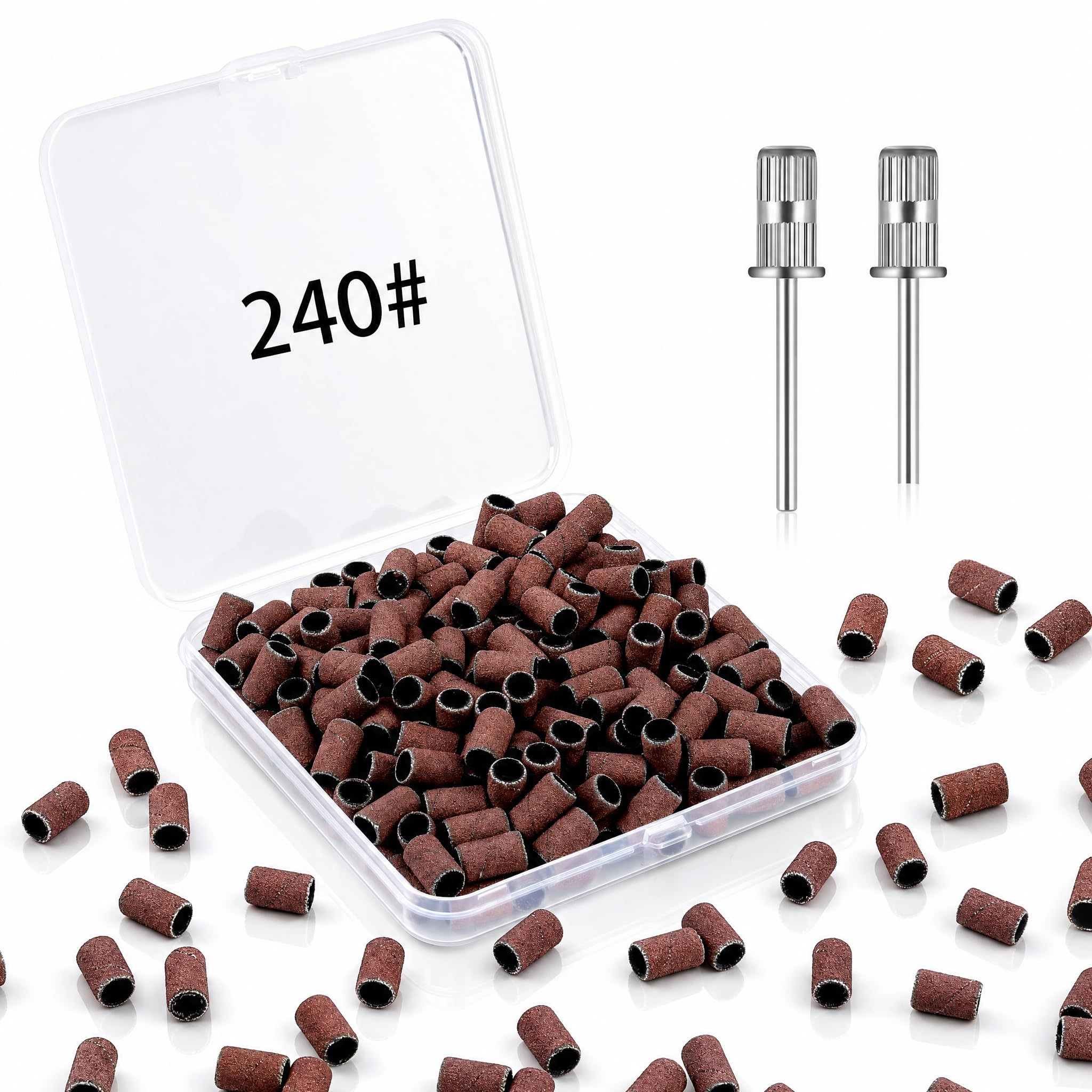 BEVTEE Lot de 200 bandes abrasives pour perceuse à ongles, grain 240, avec 2 forets à ongles de 1,9 cm, pour manucure et pédicure en acrylique, gel, marron, avec un organisateur dédié