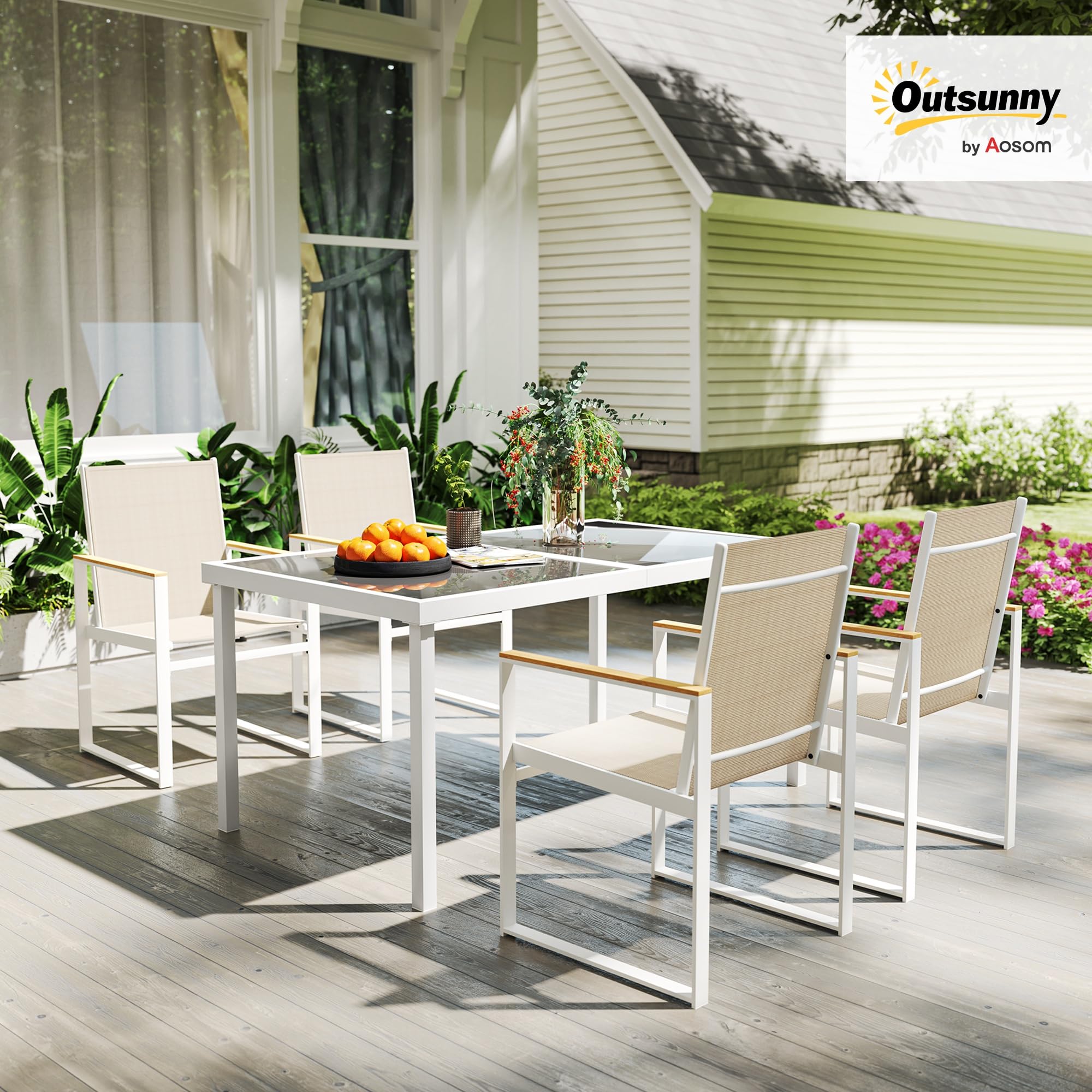 Outsunny Set Tavolo da Giardino con Sedie da 5 Pezzi in Vetro Multicolore | Set da Pranzo, 4 Sedie da Esterno con Braccioli e Schienale Alto, Set di Mobili in Acciaio e Textilene