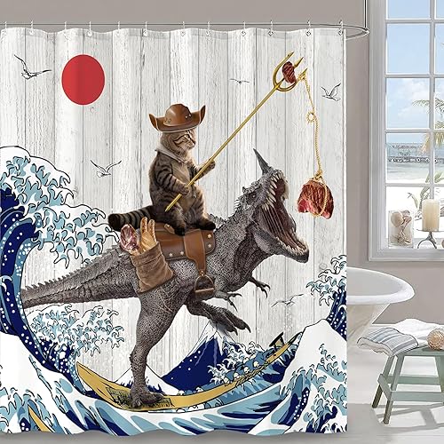 Miniatura 2 de Fowocu Divertida cortina de ducha de dinosaurio con diseño de gato japonés con ondas oceánicas, cortinas de ducha de tela impermeable para baño de