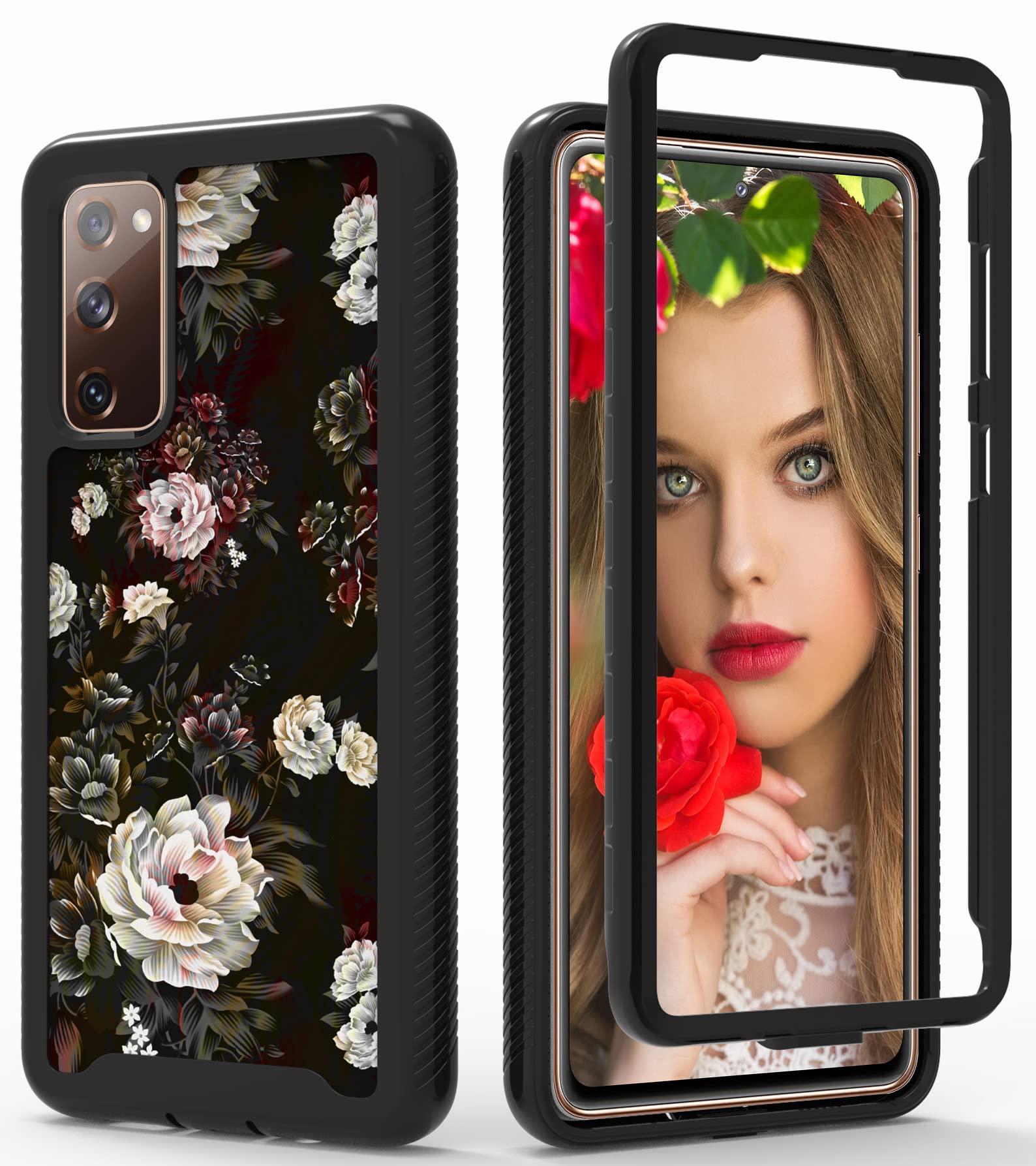 Samsung Galaxy S20 FE 5G Case with Roses Design,ShinyMax Galaxy S20 FE 6.5" Phone Case,Heavy Duty Armored Anti-Slip Cover Cute Sturdy Anti-Scratch Shockproof Bumper Case for Women & Girls-Floral/Black