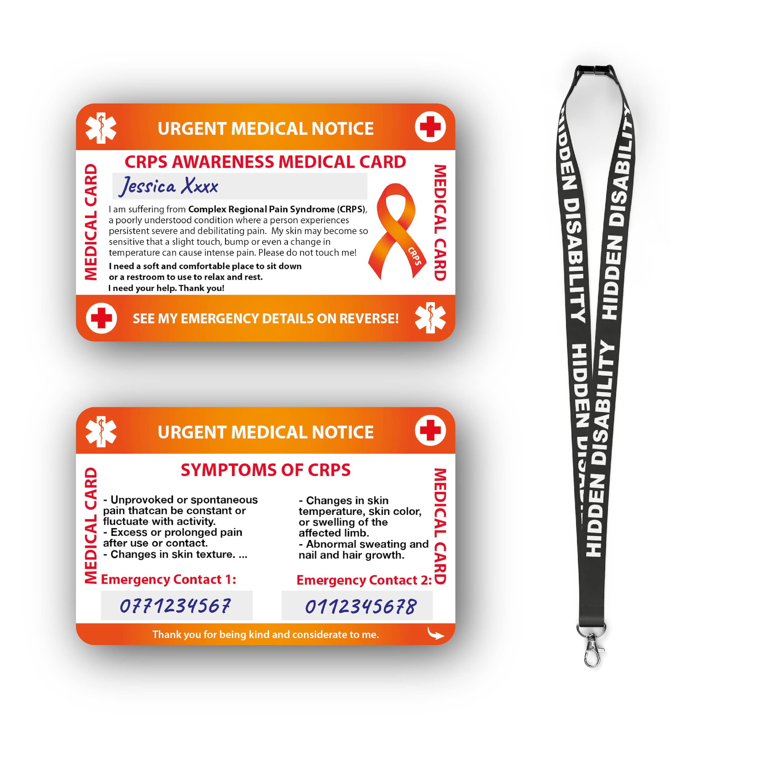 Complex Regional Pain Syndrome (CRPS) Medical Card, CRPS Card with Writable Panel and Patterned Lanyard, CRPS Emergency Contact Card.