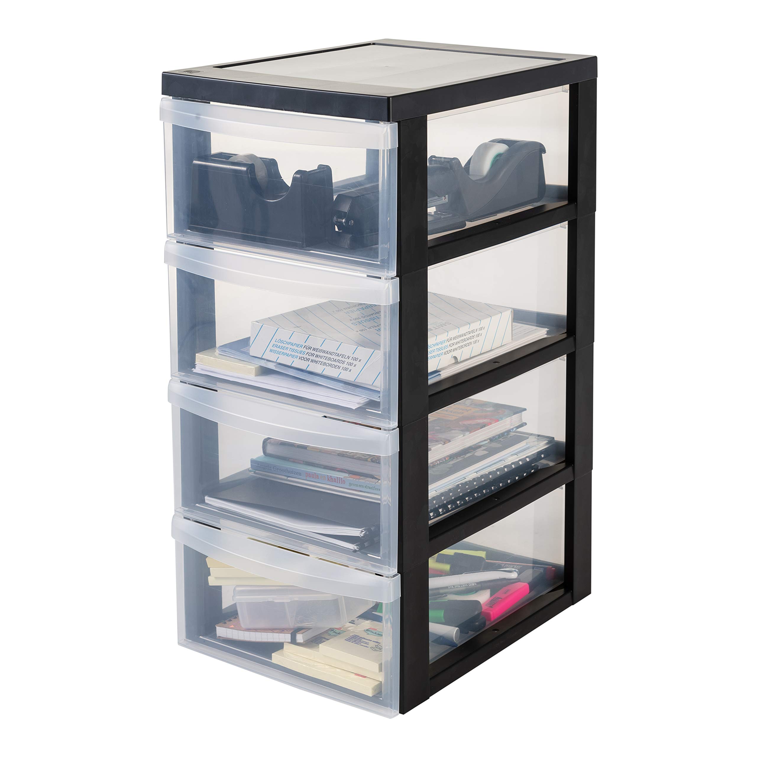 Kreher® Set aus 2 Stück Rollwagen, Bürowagen mit jeweils 4 Schubladen. Aus Kunststoff. Rahmen in Schwarz, Schübe in Transparent. Rollen auf Metallachse. Maße pro Rollwagen BxTxH: 32 x 41 x 68 cm.