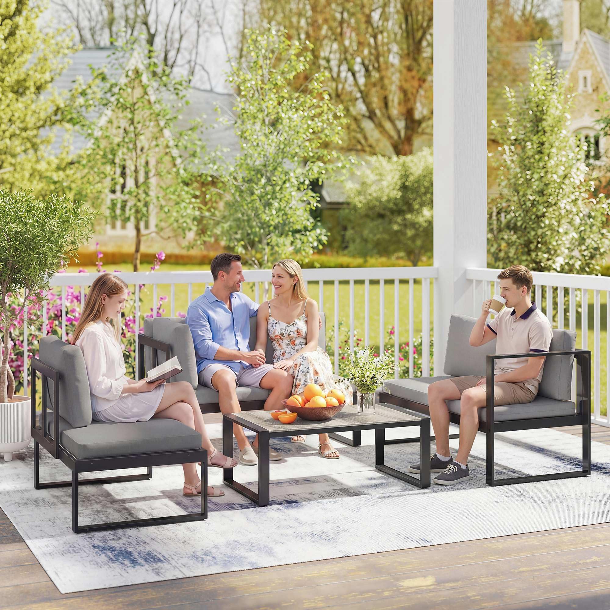 Outsunny Salon de Jardin Extérieur d'angle Modulable 5 Personnes Gris