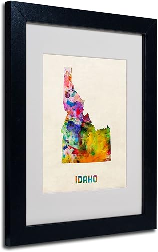 Trademark Fine Art Idaho Map - Arte enmarcado mate de Michael Tompsett en marco negro, 11 x 14 pulgadas