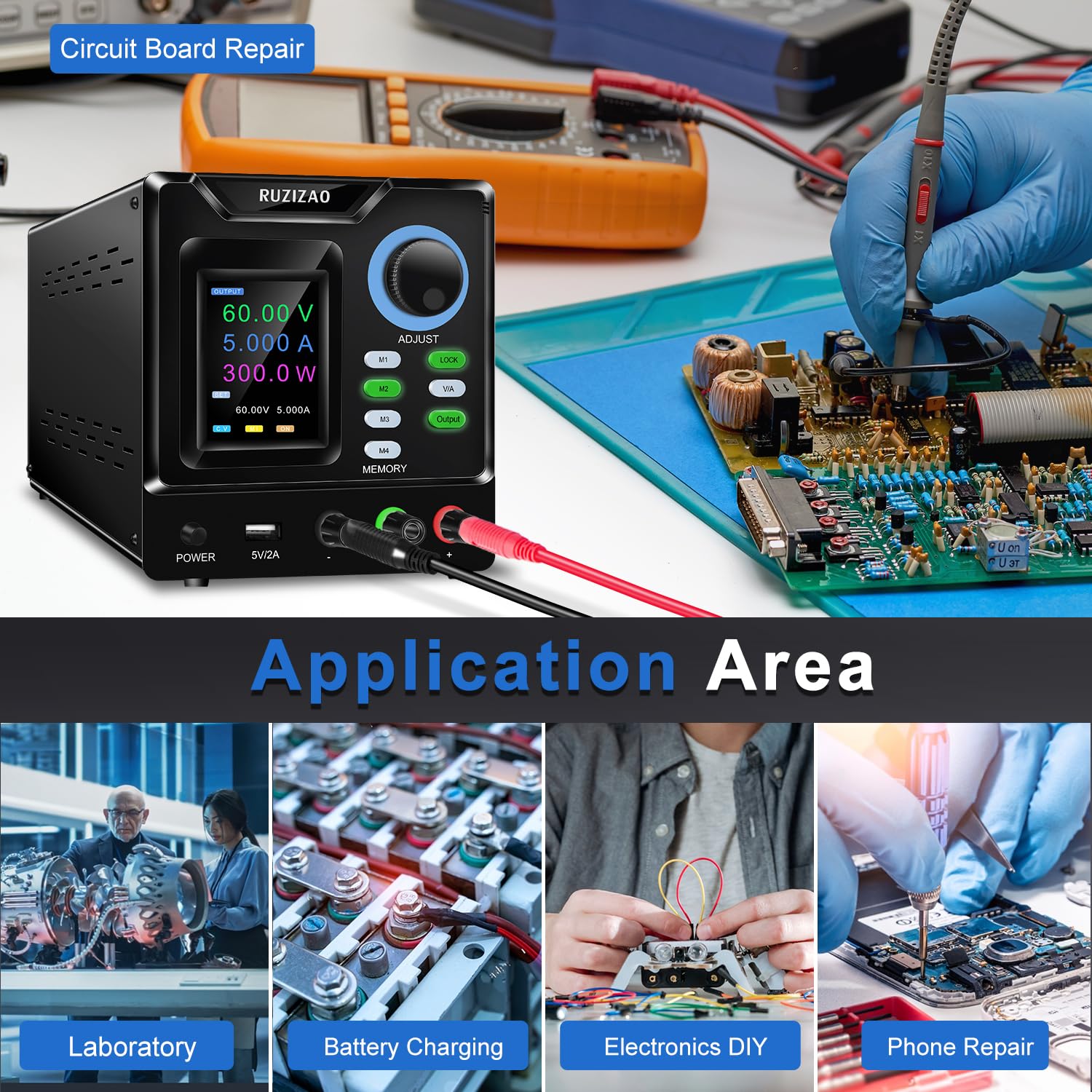 Alimentatore da Banco Programmabile 60V 5A, Alimentatore da Laboratorio con Memoria/OUTPUT/Encoder, Alimentatore Regolabile Variabile con Software, Pulsante di Blocco e Porta di Ricarica USB