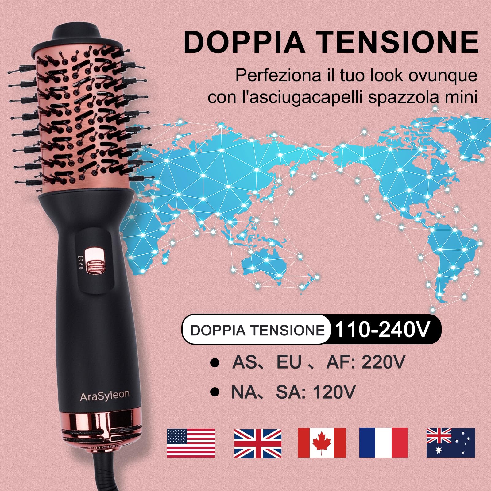 Spazzola ad Aria Calda da Viaggio, Spazzola Phon 700W a 3 Temperature per Lisciare e Arricciare Capelli, Leggera 275g, 110-240V, Inclusa Borsa Portaspazzola + Guanti Termoresistenti