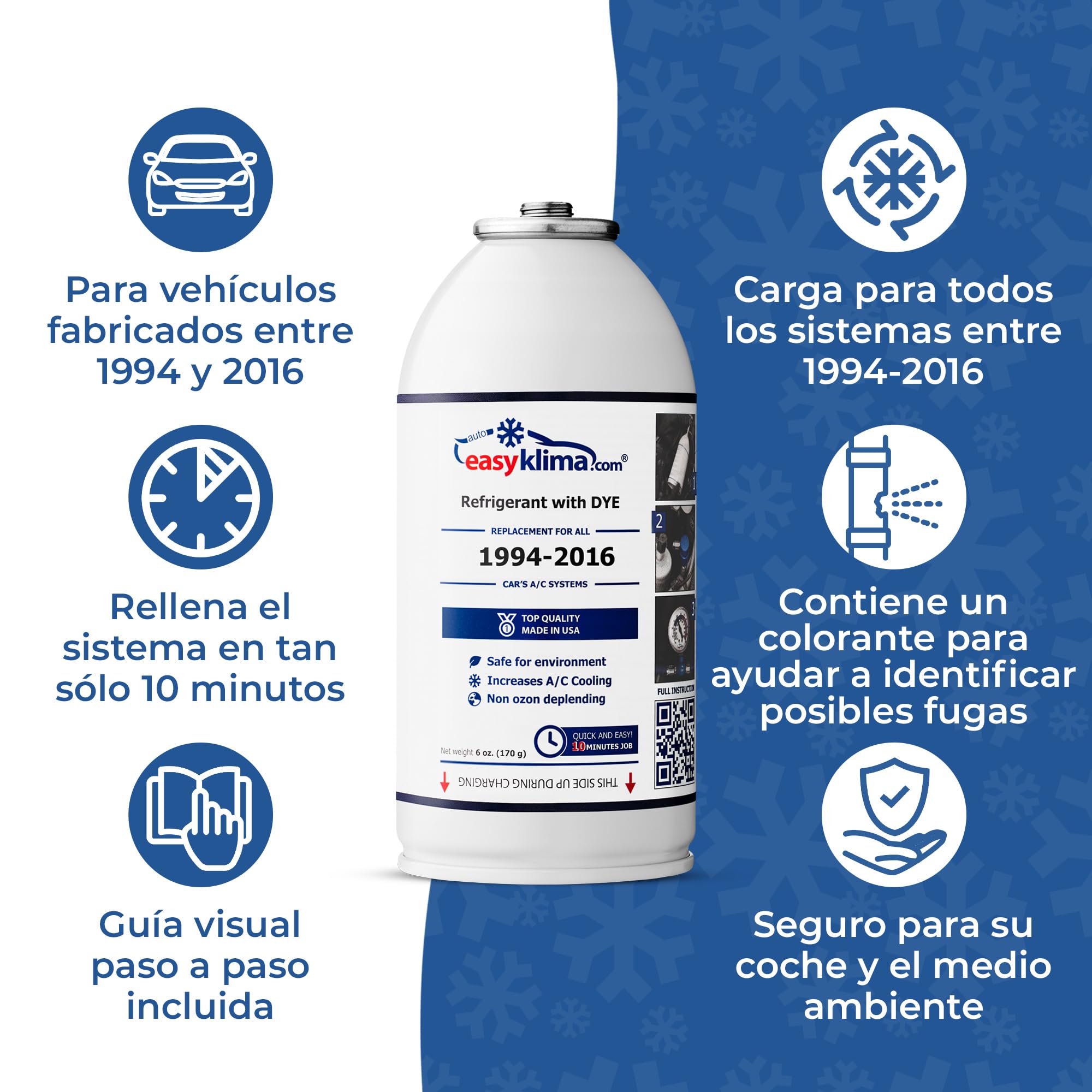 Kit EasyKlima® 3 en 1 con doble refrigerante R134a y manguera con manómetro. Rellena tú mismo el sistema de aire acondicionado de tu coche con gas adicional, para modelos de 1994 a 2016.