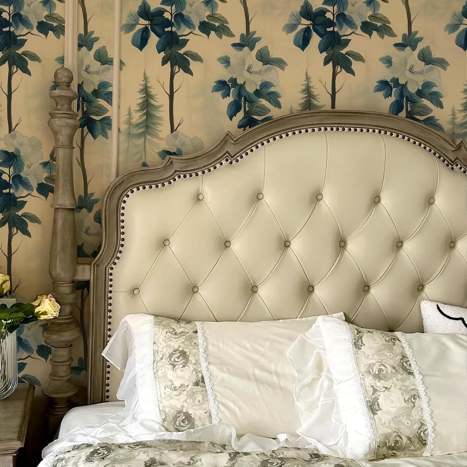 Beige Blue Blooming Floral Wallpaper Self Adhesive Peel and Stick Botanical Leaf Vivid Tree Flowers Contact Paper Removable Waterproof for Bedroom Renter Friendly 17.71"x236.2"