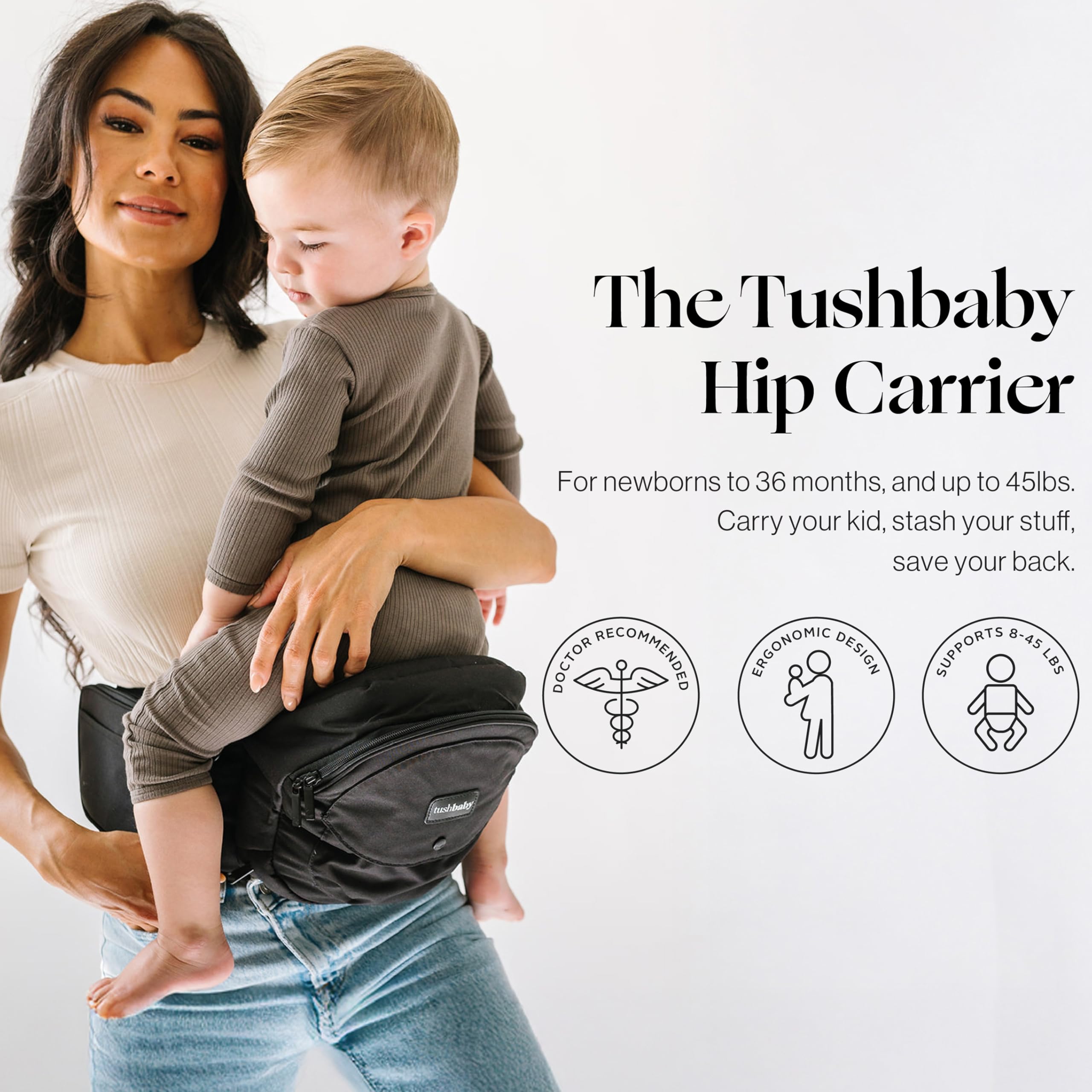 Tushbaby Hip Carrier for Babies & Toddlers (Black) - Safety-Certified, Machine Washable Child Waist Seat for One Hand Support with Multi-Pocket Storage, 23”- 44” Waist, Holds Kids 0-3 yrs up to 45lbs — view 2