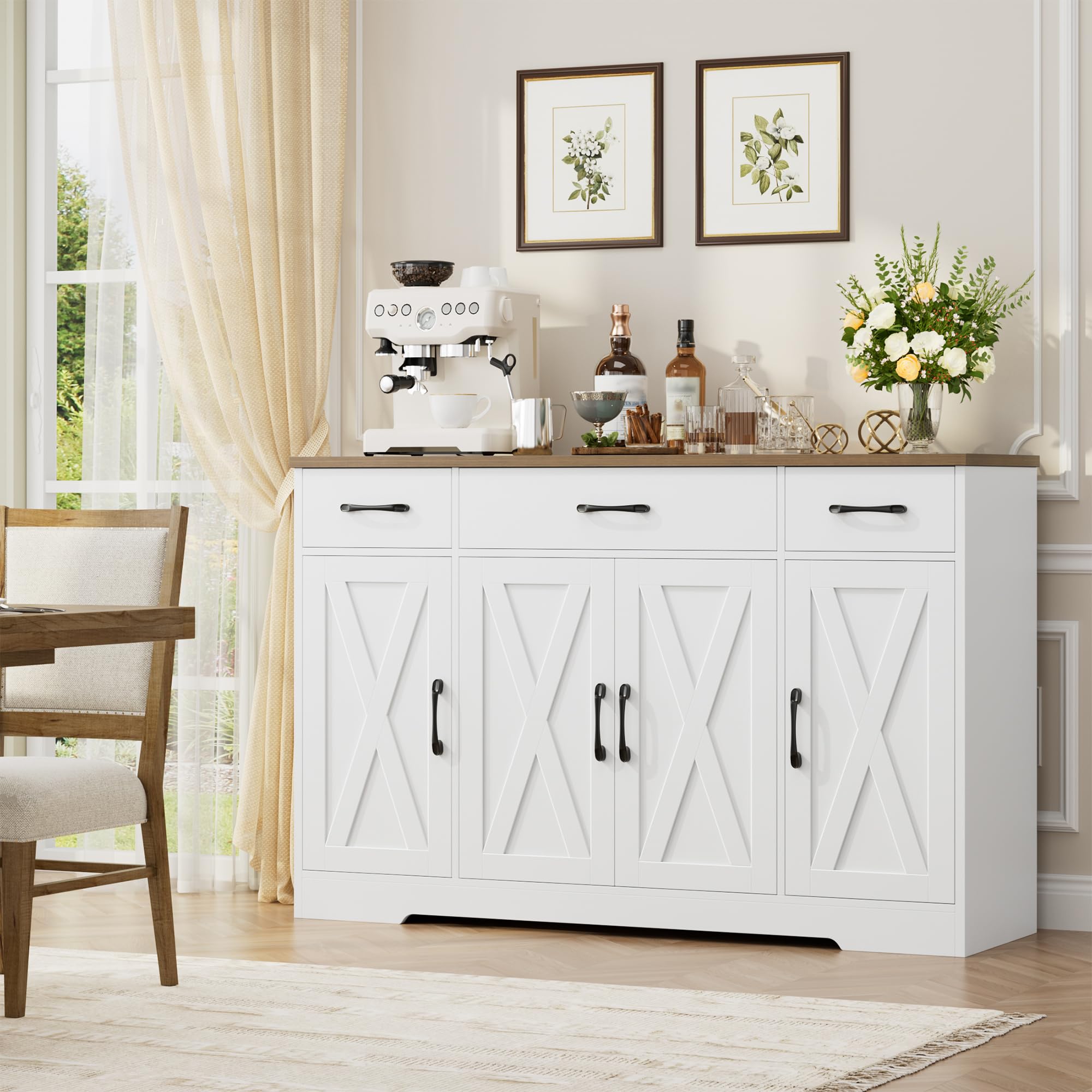 HOCSOK Sideboard, 140 cm Breit Küchenschrank mit 2 Verstellbaren Regalen, Buffetschrank mit 3 Schubladen 4 Türen, Küchenbuffet für Wohnzimmer, Küche, Flur, Weiß & Braun