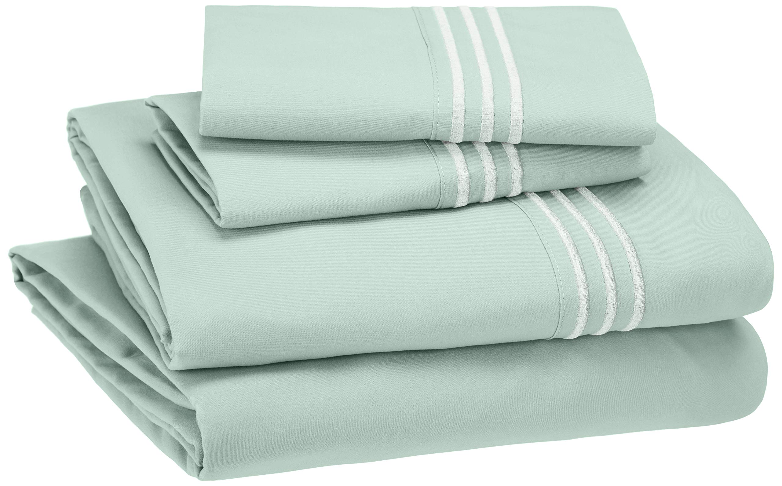Amazon BasicsEasy-Wash Embroidered Hotel Stitch 120 GSM Sheet Set - Queen, Seafoam Green