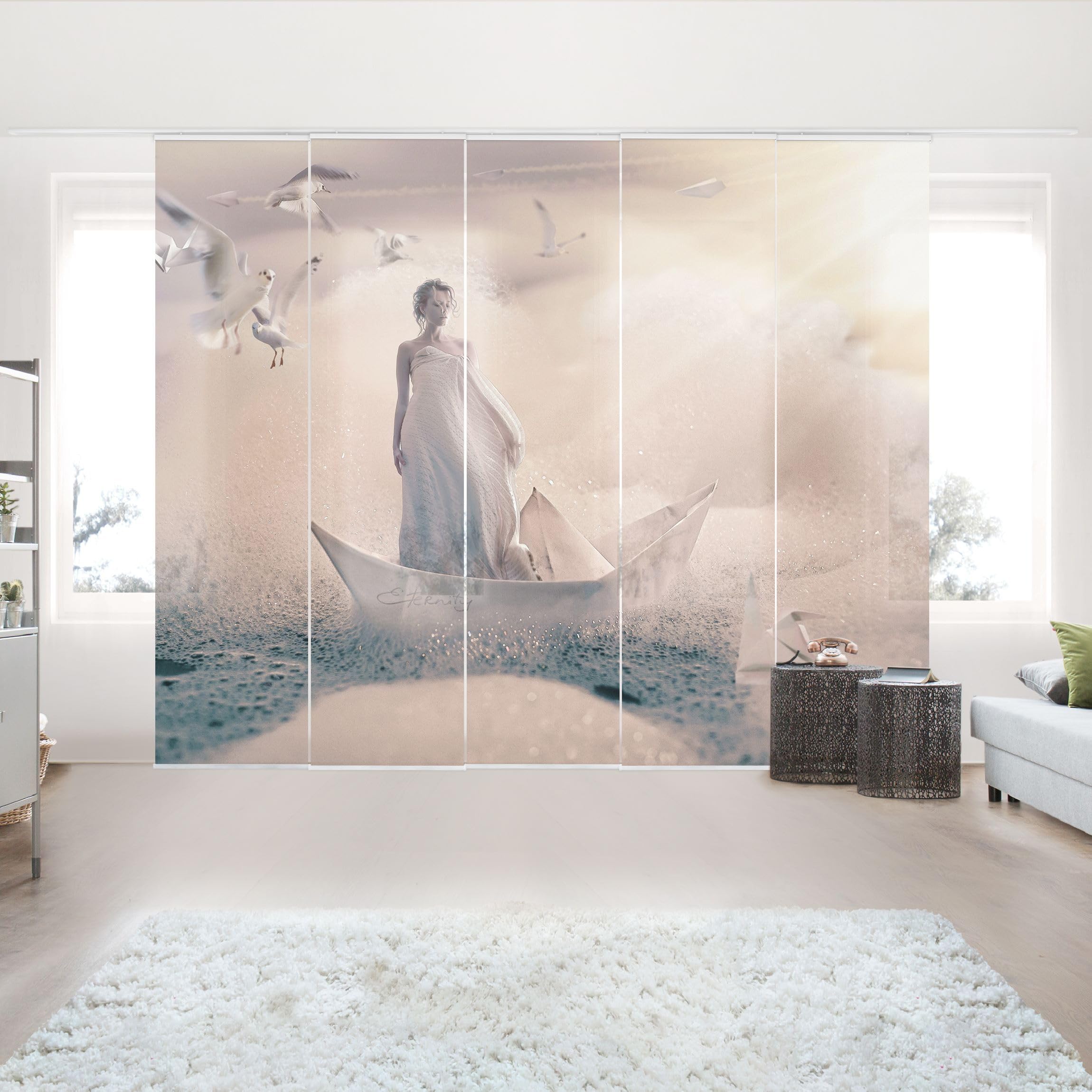 Schiebegardine halbtransparent 60er Paneel Klett Portrait Textil lichtdurchlässig - Boot Modern Flächenvorhang Wohnzimmer Schlafzimmer 1236 (300x250 cm - 5er Set)