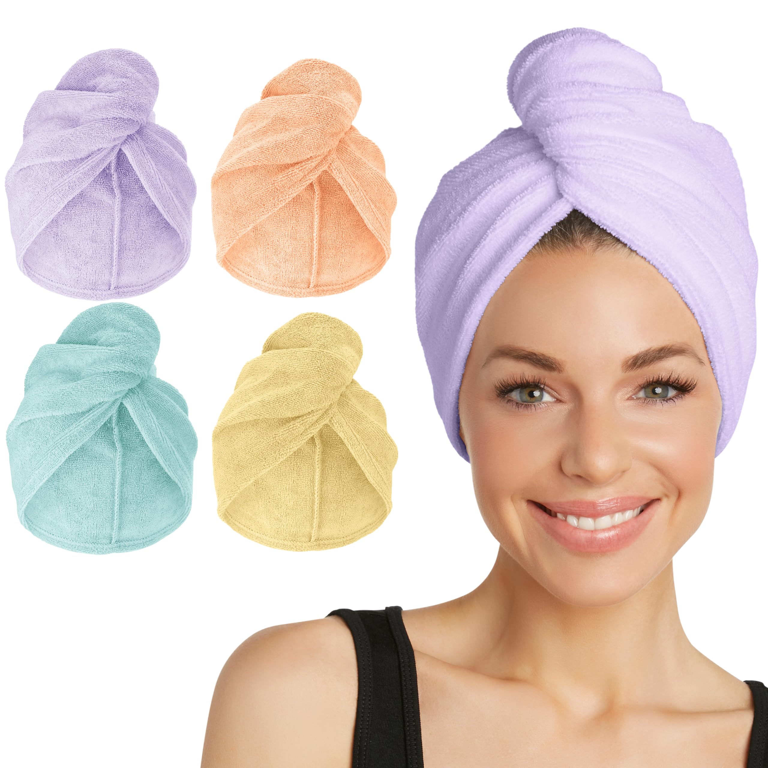 Turbie Twist 4-Pack Microfiber Hair Towel for Beauty, Travel, Gifting - Hair Wrap Turban for Straight, Wavy & Curly Hair - Premium Personal Care - Bermuda, Purple, Lilac & Lemon