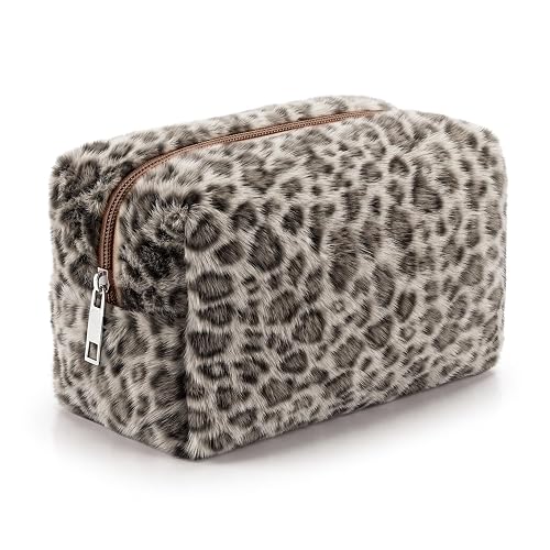Huhumy Brown Leopard Makeup Bag for Women, Fuzzy Cheetah Print Cosmetic Organizer, Stylish Faux Fur Bag Y2k, Fluffy, Travel Toiletry Pouch, Zipper Purse, Pencil Organizer Pouches