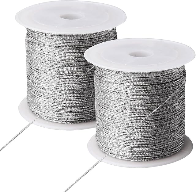 2 Rolls Tinsel String, 200m/218Yards/656 Feet Metallic Silver String Metallic Cord for Christmas String Craft Making Cord for Craft Making Wrapping and Deco(100m/roll, 0.5mm)