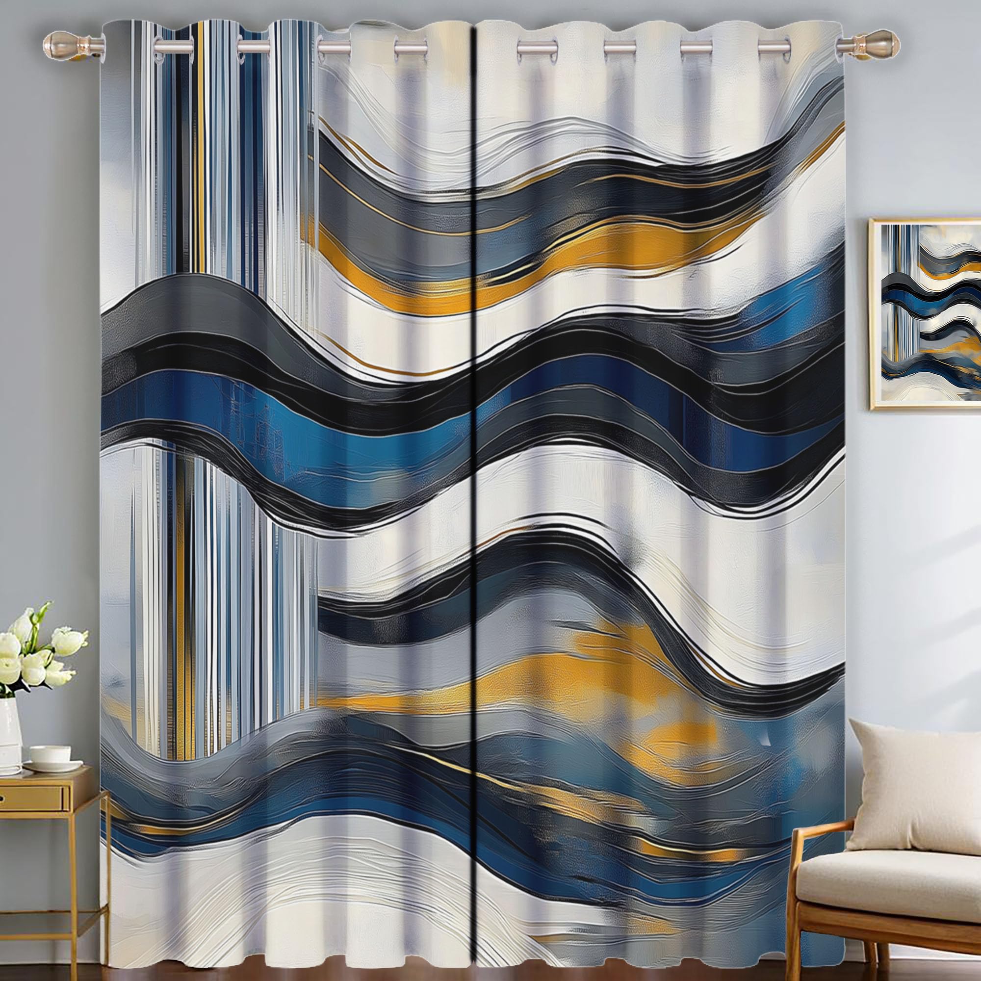Rideau à œillets bleu et blanc 140x225 cm à motif vagues rayées pour chambre