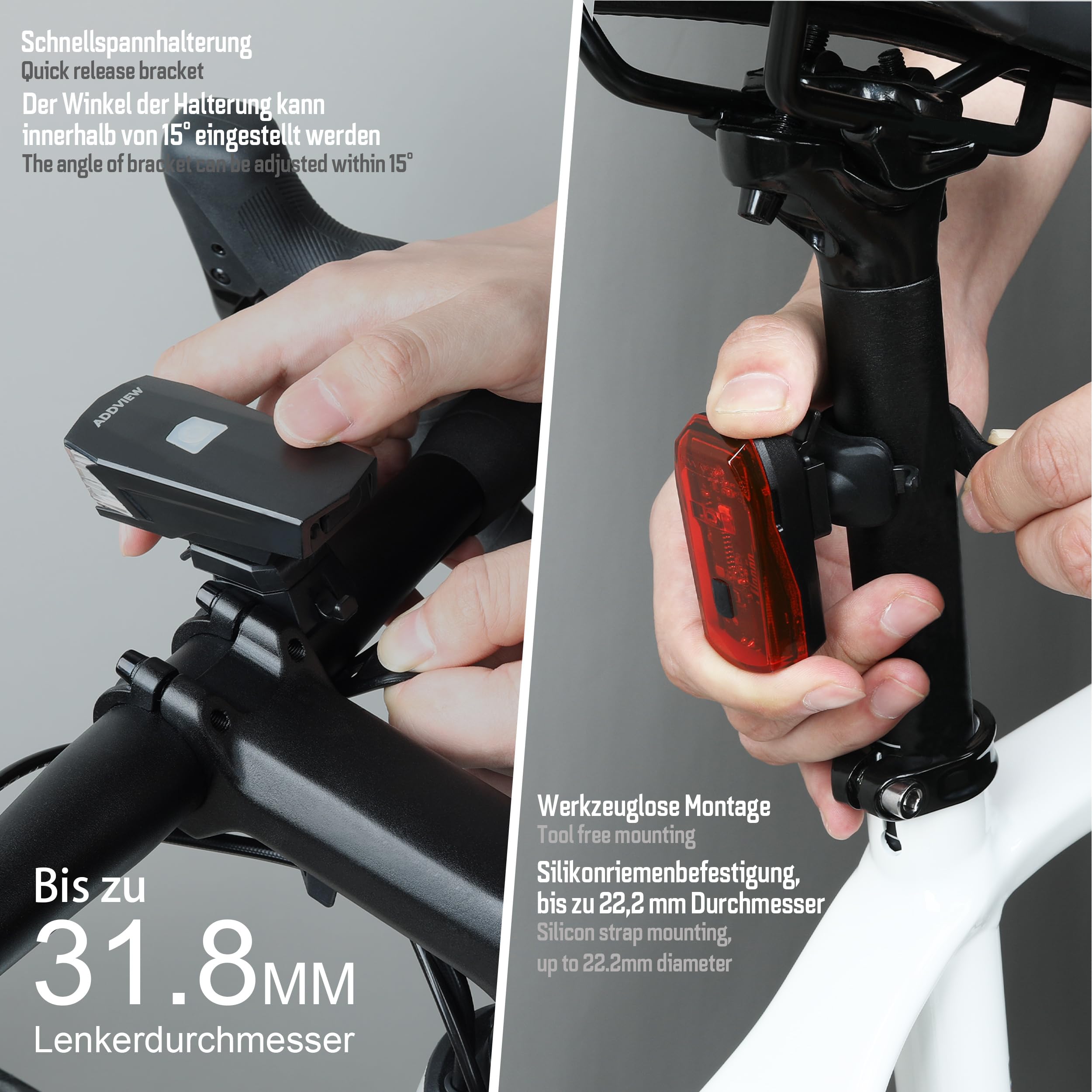 ADDVIEW Fahrradlicht-Set Brilliance – LED Frontlicht 30 Lux mit Akku & Rücklicht mit Batteriebetrieb, StVZO zugelassen, IP65 wasserdicht, kabellose Verbindung, werkzeugfreie Montage, 110 m Reichweite