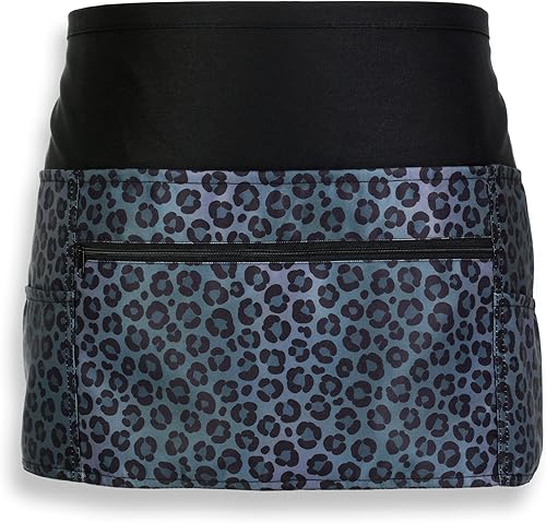 Miniatura 7 de Plum Hill Delantal de camarera de leopardo negro con bolsillos, delantal corto con cremallera, delantal para profesor, delantal de camarera lindo