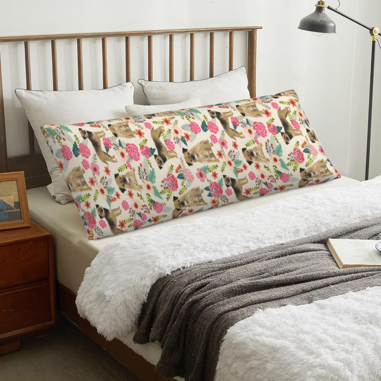 Border Terrier Florals Cream, Body Pillow Cover with Zipper,Long Body Pillowcase 20 x 60 in
