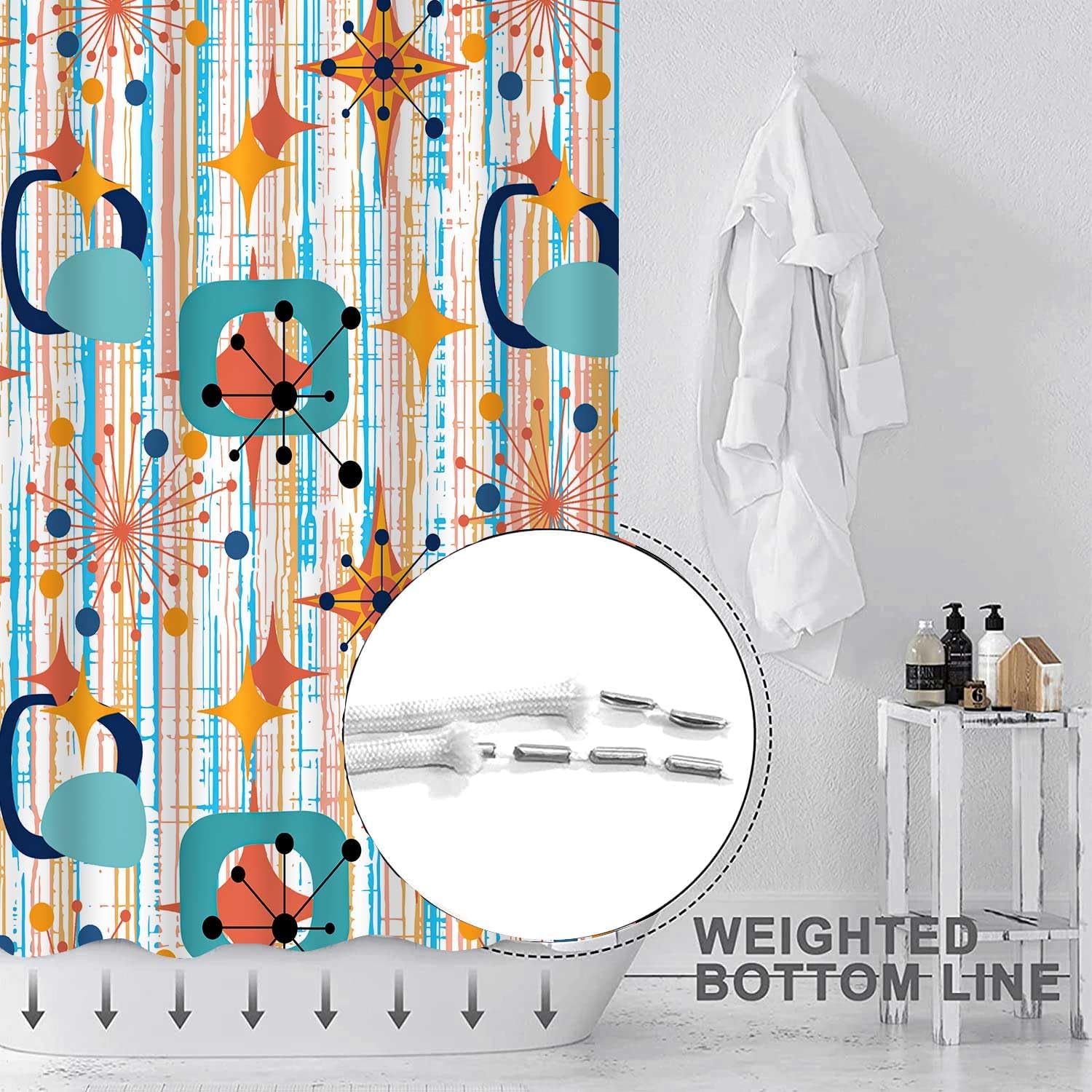 Mid Century Shower Curtain, 72x72inch, Modern Abstract Retro Colorful Striped Geometric Shower Curtain Sets 1950s Boho Bathroom Shower Curtain with 12 Hooks