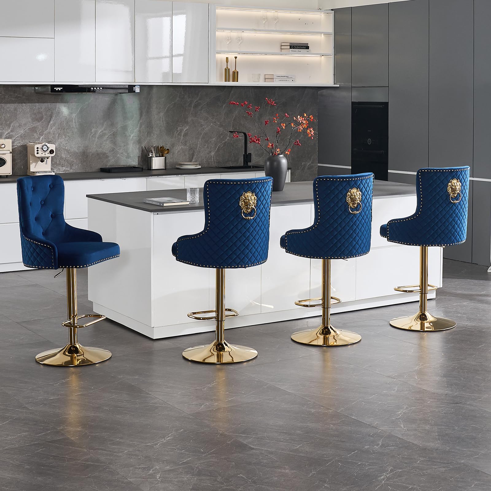Velvet Gold Bar Stools Set of 4 Modern Counter Height Bar Stools with Lion Pull Ring Tufted Back, Nailhead Upholstered Barstools for Home Kitchen
