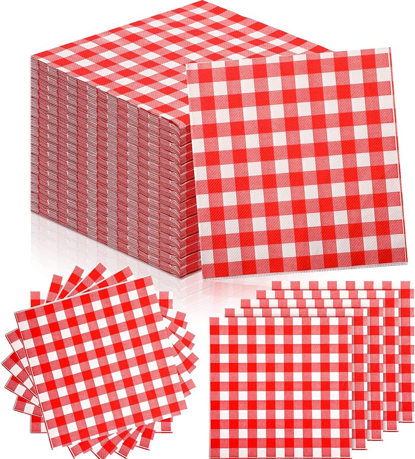 Uzztfa 100 Pcs Red and White Gingham Cocktail Napkins Paper Plaid Beverage Dessert Napkin for Summer Picnic Barbecue Wedding Birthday Party