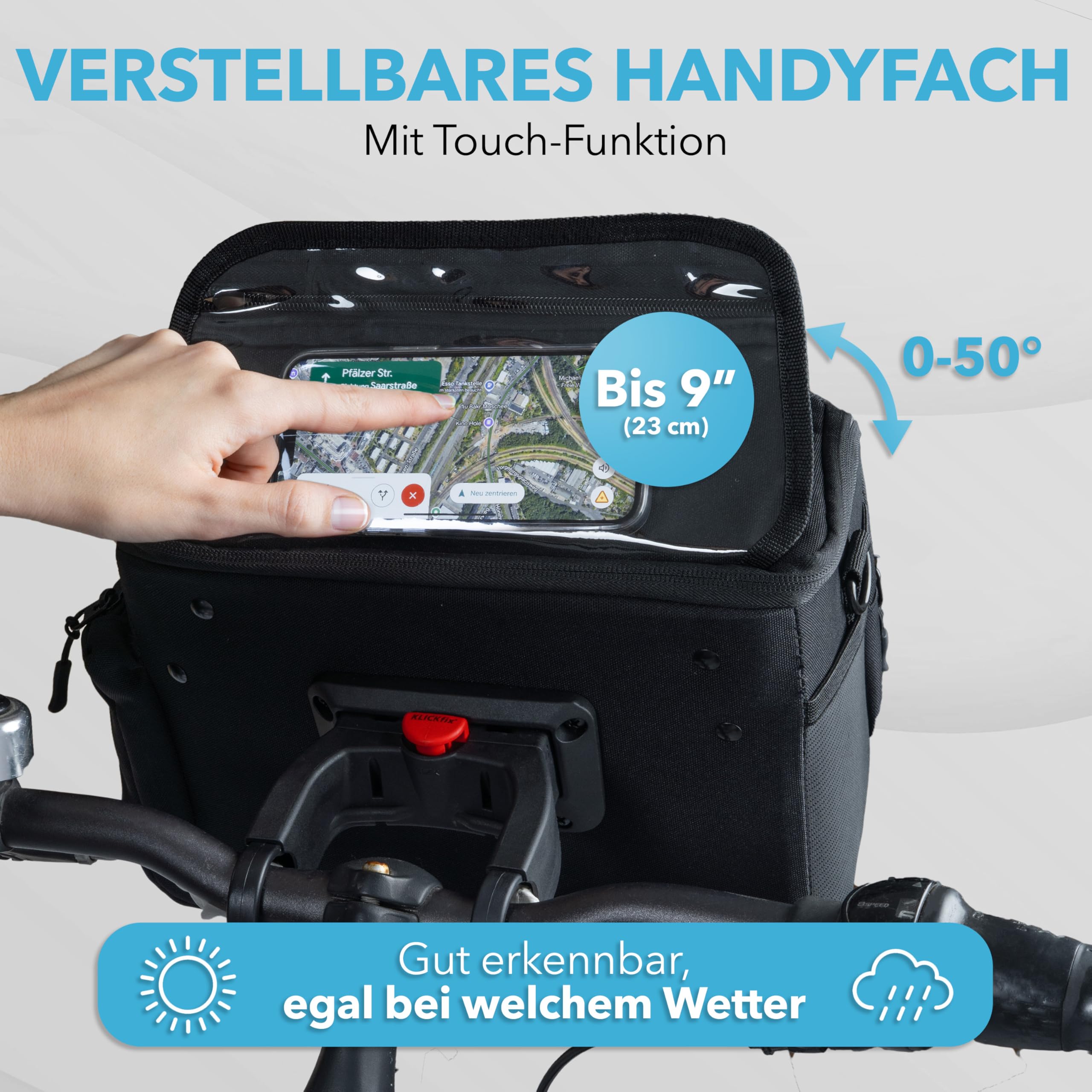YBAG - Sacoche de guidon de vélo durable compatible avec KLICKfix (convient pour vélo électrique) - Grand volume et de nombreux compartiments - Imperméable avec housse de pluie