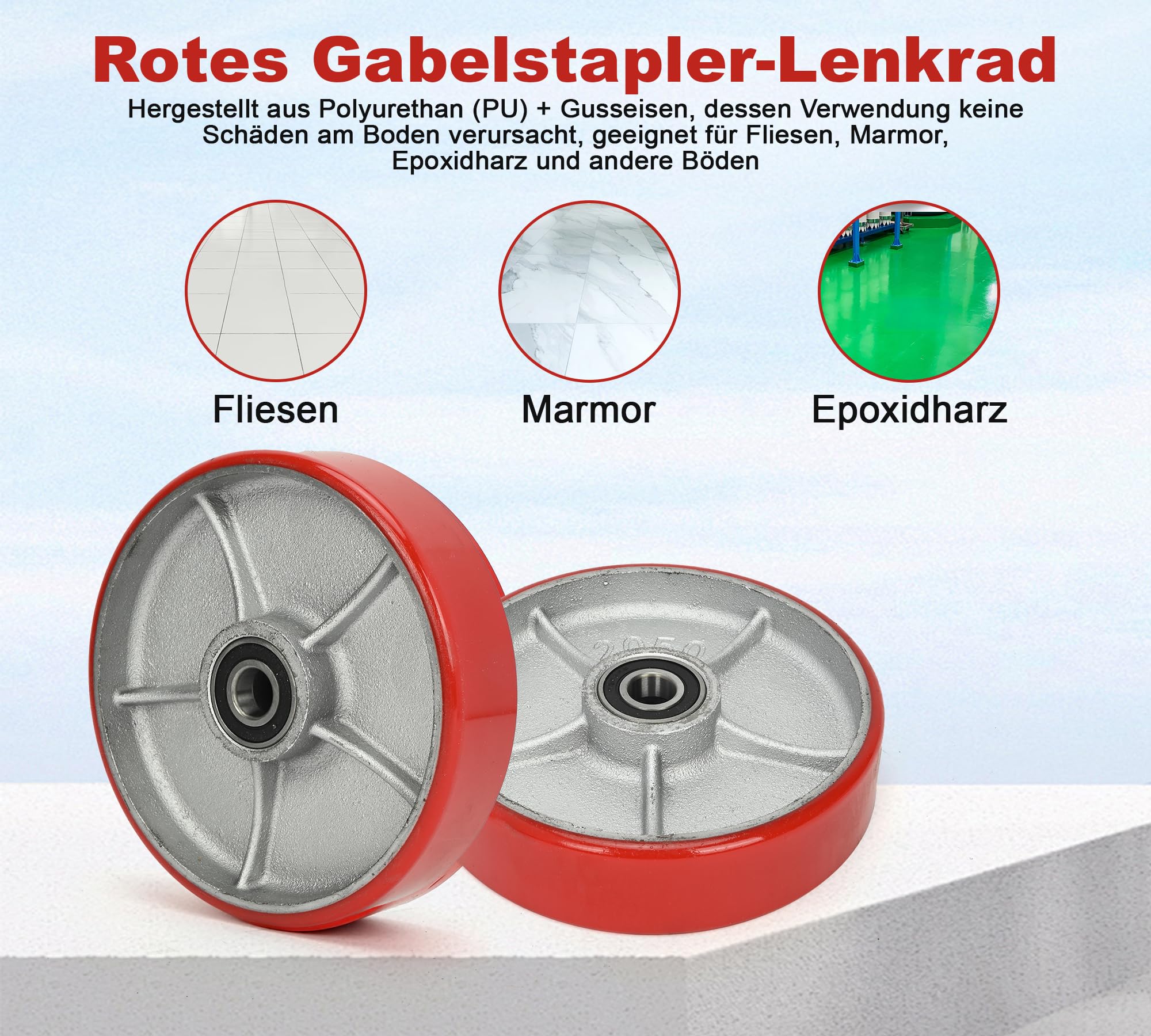 bimiti 2 Stück Hubwagenrollen Polyurethane/PU Ø200 x 50 mm, Achse 20 mm inkl. Kugellager Rollen für Hubwagen Ersatzrollen, Swivel Castor for Pallet Trucks,Max. Belastung 3000 KG