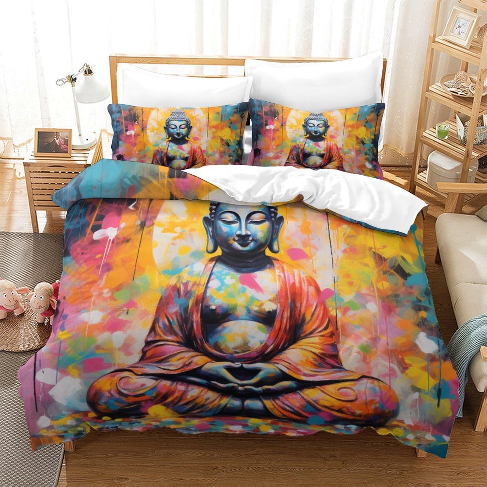 Housse de couette Bouddha 3D parure de lit 3 pièces microfibre 260x220