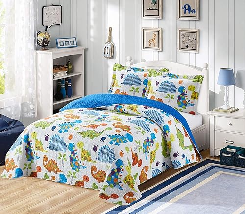 Colcha de tamaño matrimonial para niños, manta para adolescentes y niños, ropa de cama estampada, multicolor, naranja, verde, azul, dinosaurio