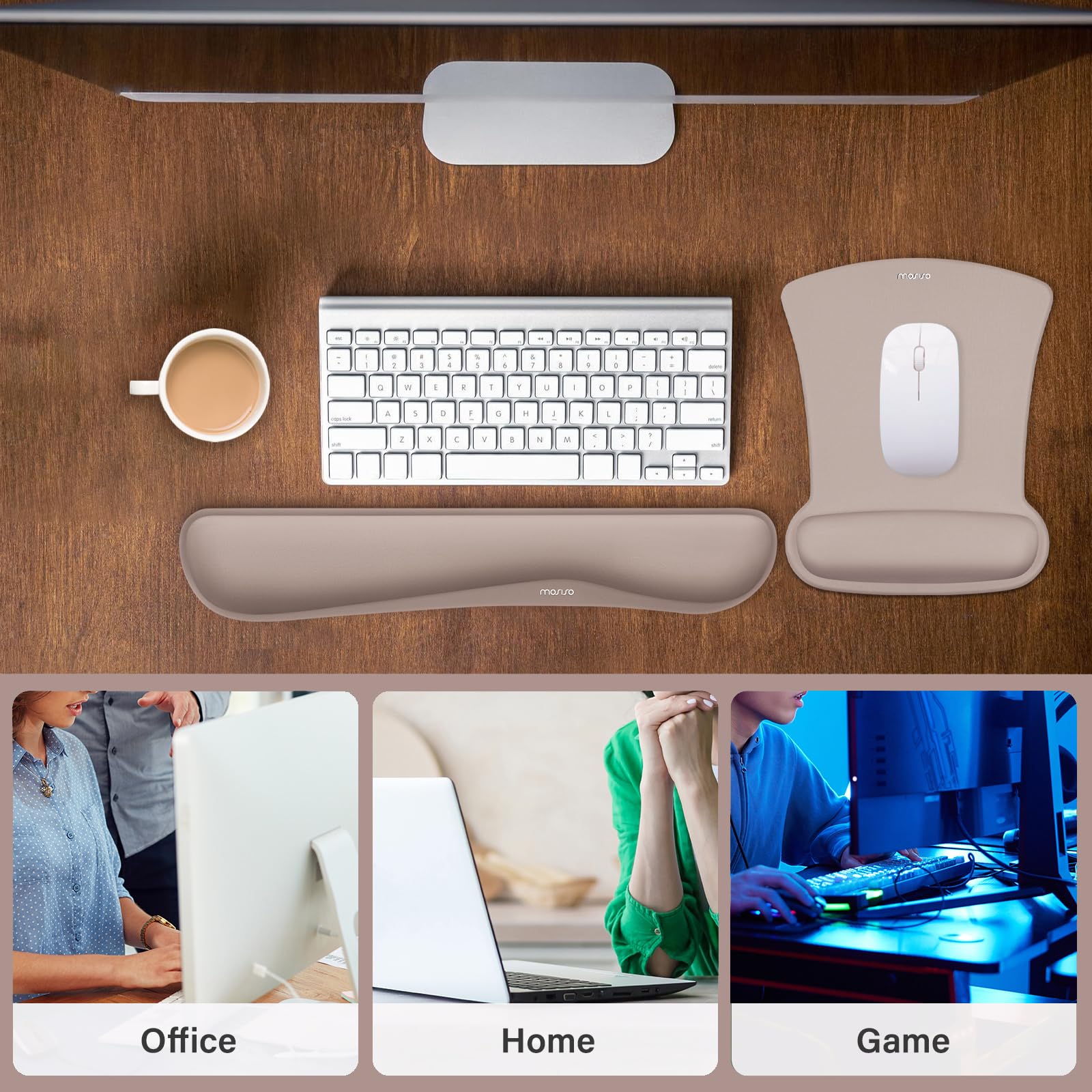 MOSISO Reposamuñecas para Tapa Ratón y Teclado, Alfombrilla Ratón Ergonómico Base Antislip Hogar/Alivio Dolor Oficina y Cojín Easy Tipe con tela de Neopreno y Espuma Viscoelástica, Marrón Taupe