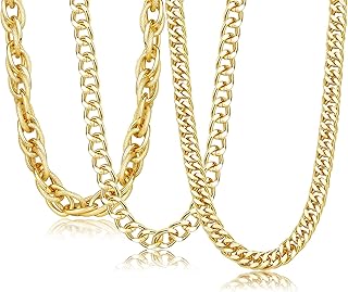 3Pcs Gold Choker Chain Necklace for Women Men 18K Gold Plated Chunky Cuban Necklaces Curb Cuban Link Chain Necklace Gold Choker Hip Pop Thick Necklace Lightweight,18in