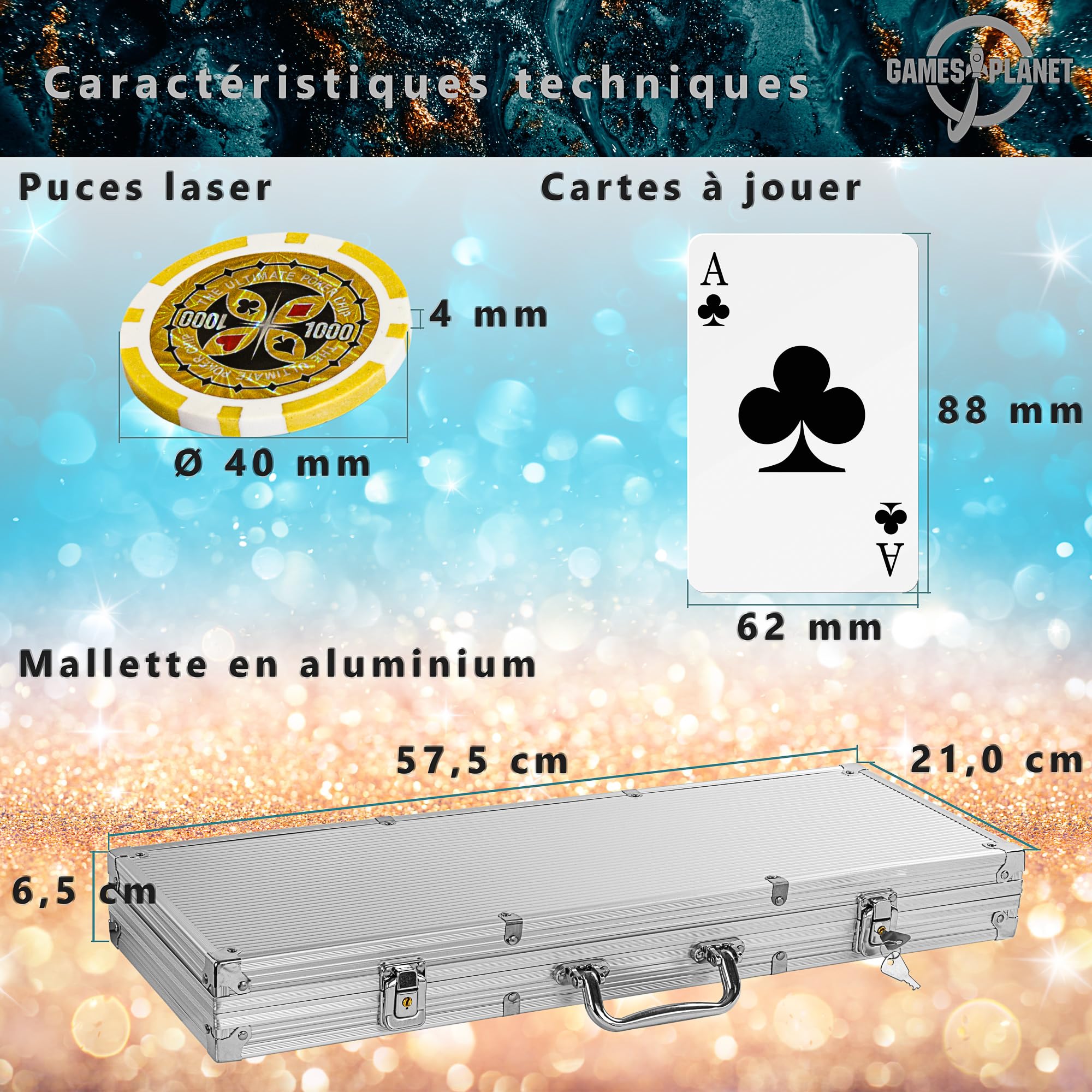 GAMES PLANET Mallette de Poker avec 500 jetons Laser, édition Argent/Or/Noir - Sélection: Argent