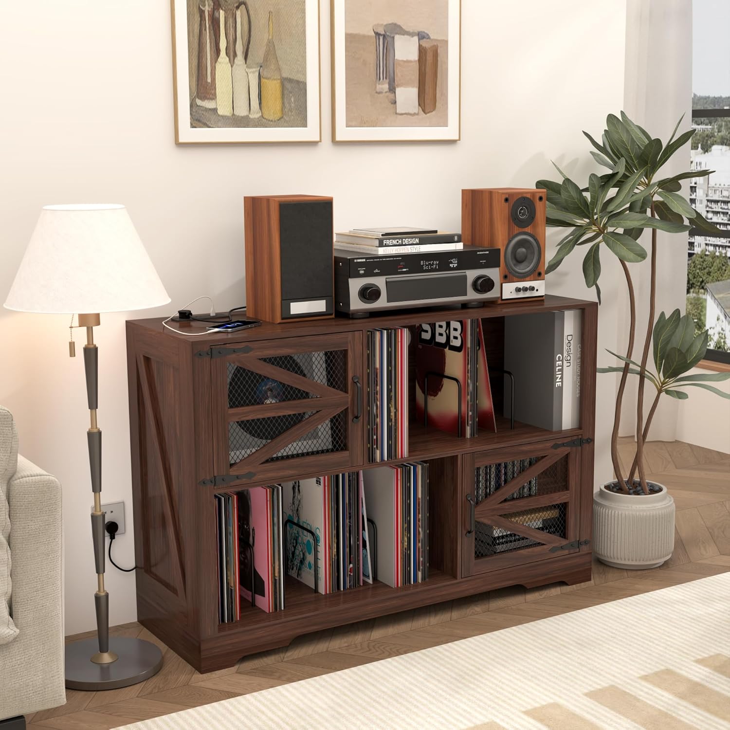 Gran Soporte de Tocadiscos con Almacenamiento de vinilos, Armario de Almacenamiento de vinilos para más de 500 Discos de Vinilo, Mesa de Tocadiscos de 120 cm de Alto con Toma de Corriente Color Nogal