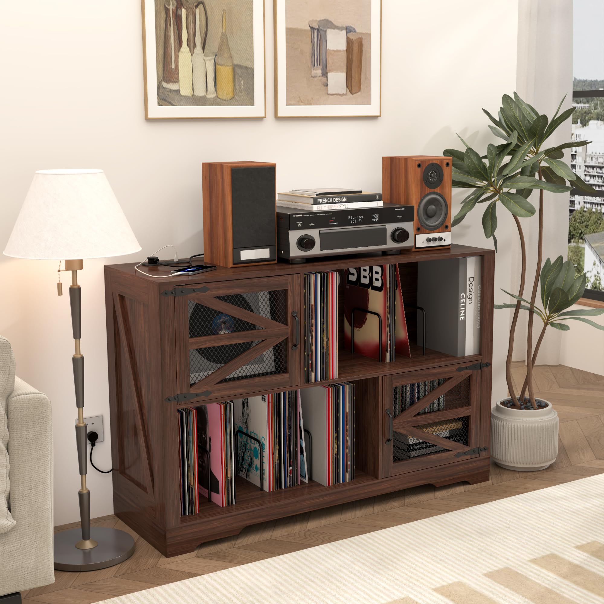 MDF Mueble para Discos de Vinilo con Acabado Nogal,Soporte para 500+ Vinilos, 2 Enchufes & 2 USB, Antivuelco, Mueble Compacto para Salón y Tocadiscos,Color Nogal（120×40×80cm）