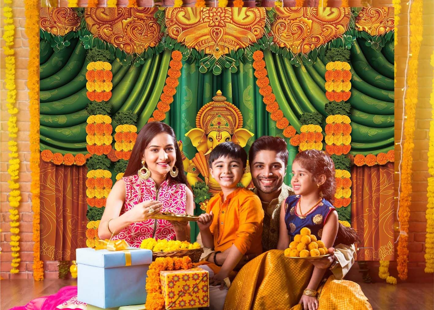Pooja Hintergrund Dekoration - Gelber Vorhang Mit Blumen Für Diwali, Hochzeit, Fotografie, Hindu Festival