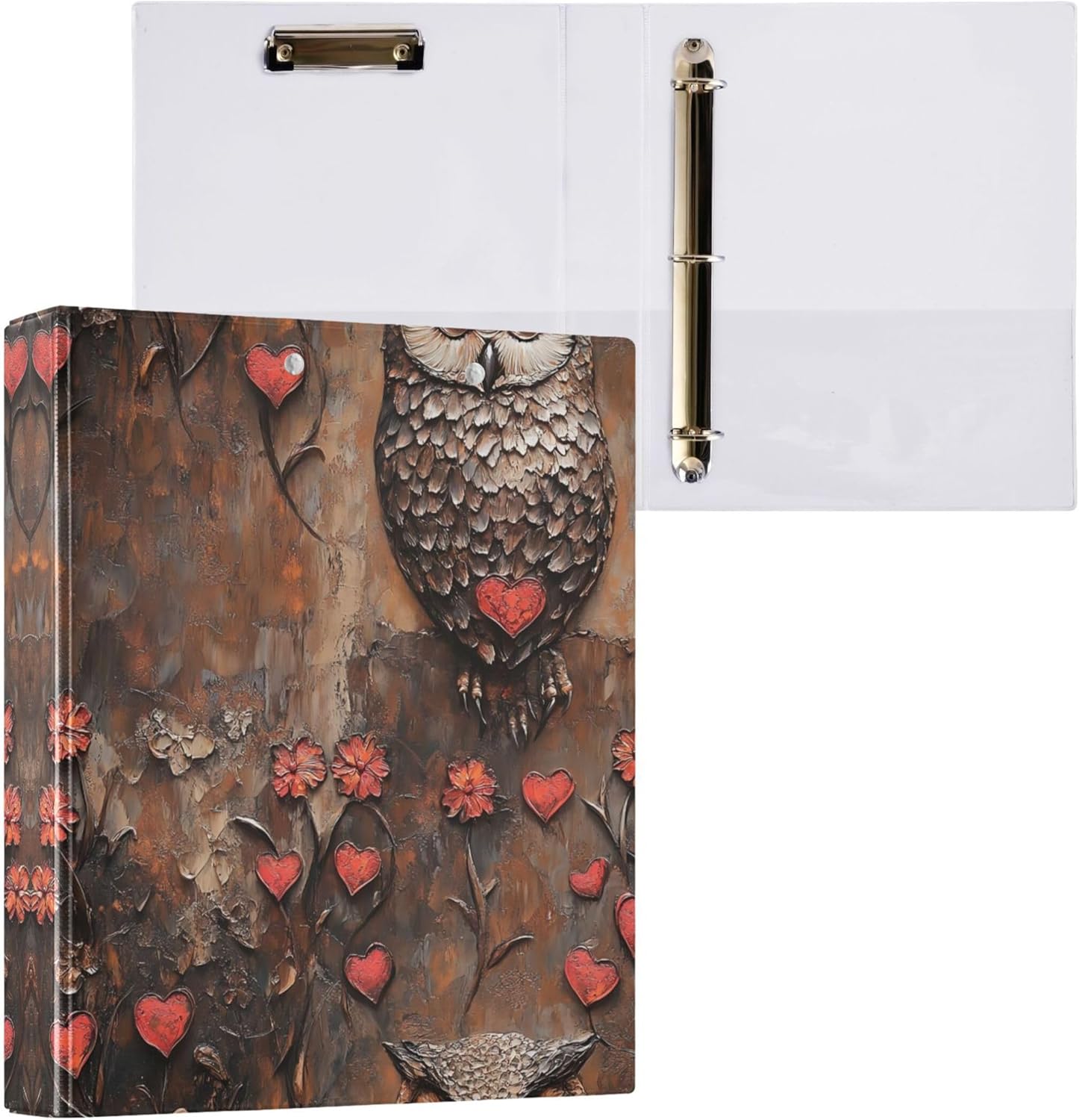 Retro Valentine's Day Owl 3 Ring Binders, 1.5” Round Ring Binders with Clipboard - Letter Size, 3 Interior PVC Clear Pockets & Anti-Slip Clip for Office School Supplies, 2PCS