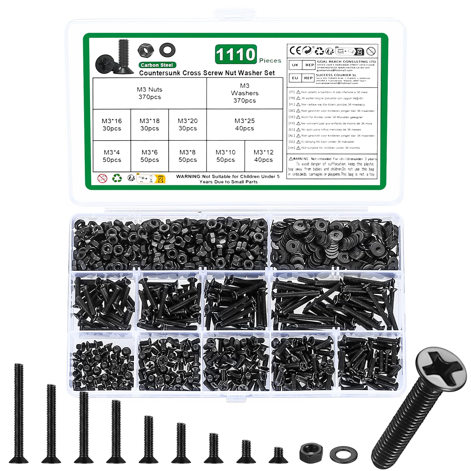 1110 Pcs M3 Screws Set, Countersunk Bolts and Nuts, Flat Head Machine Screw Nut and Bolt with Washers Set