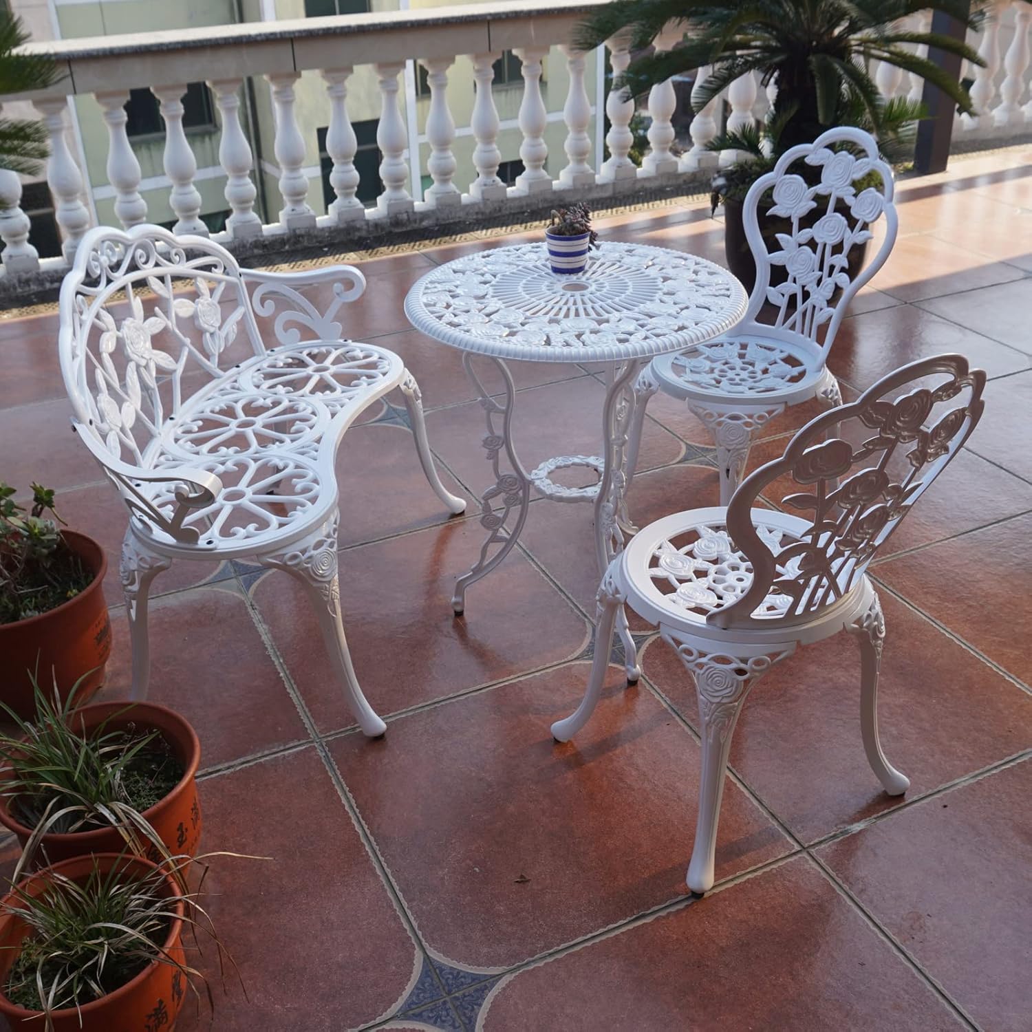 KAI LI Outdoor Outdoor Tables and Chairs cast Aluminum Four Piece Set, Including a Table, Two Round Chairs and a Bench Rose White Style Swimming Pool Leisure : Patio, Lawn & Garden